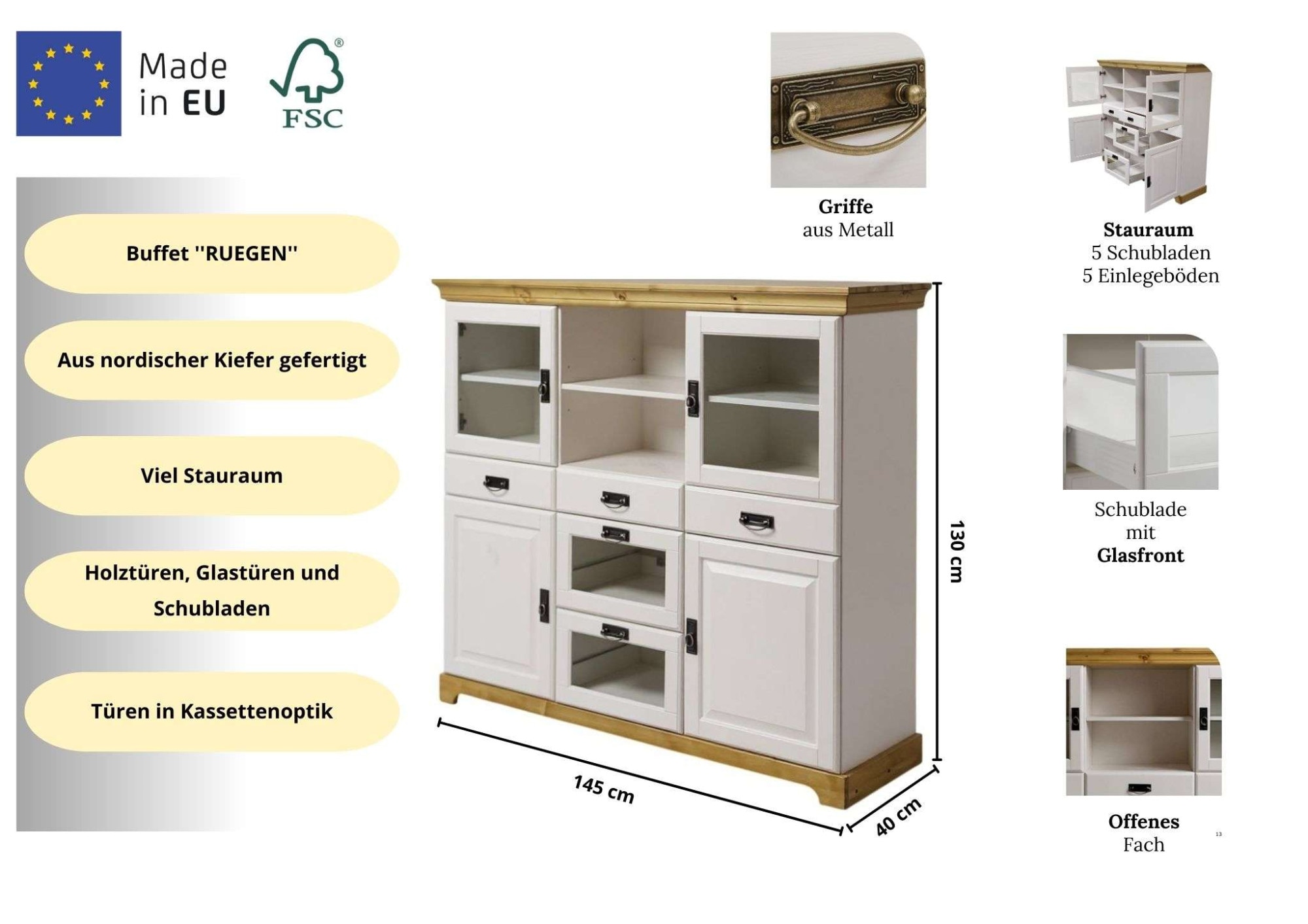 Home affaire Sideboard »Rügen« aus massiver Kiefer, Breite 145 cm, made in EU