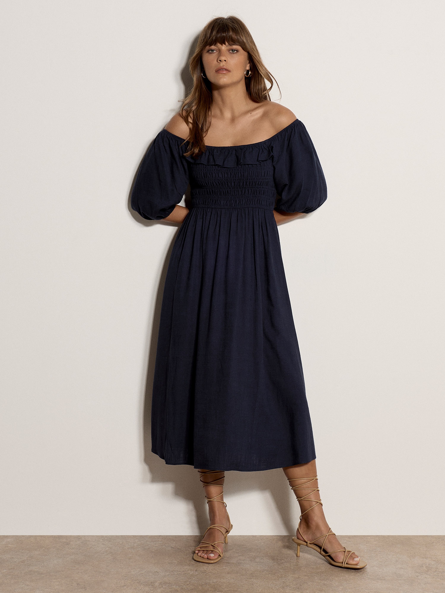 Apricot Maxikleid »Langes Kleid mit Bardot-Ausschnitt« mit Raffungen