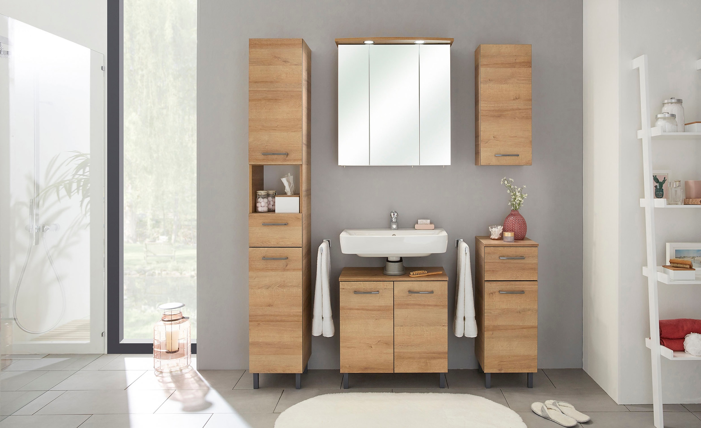 Saphir Hängeschrank »Quickset 919 Badschrank 30 cm breit mit 1 Tür und 2 Glas-Einlegeböden«, Badezimmer-Hängeschrank inkl. Türdämpfer, Griffe in Grau