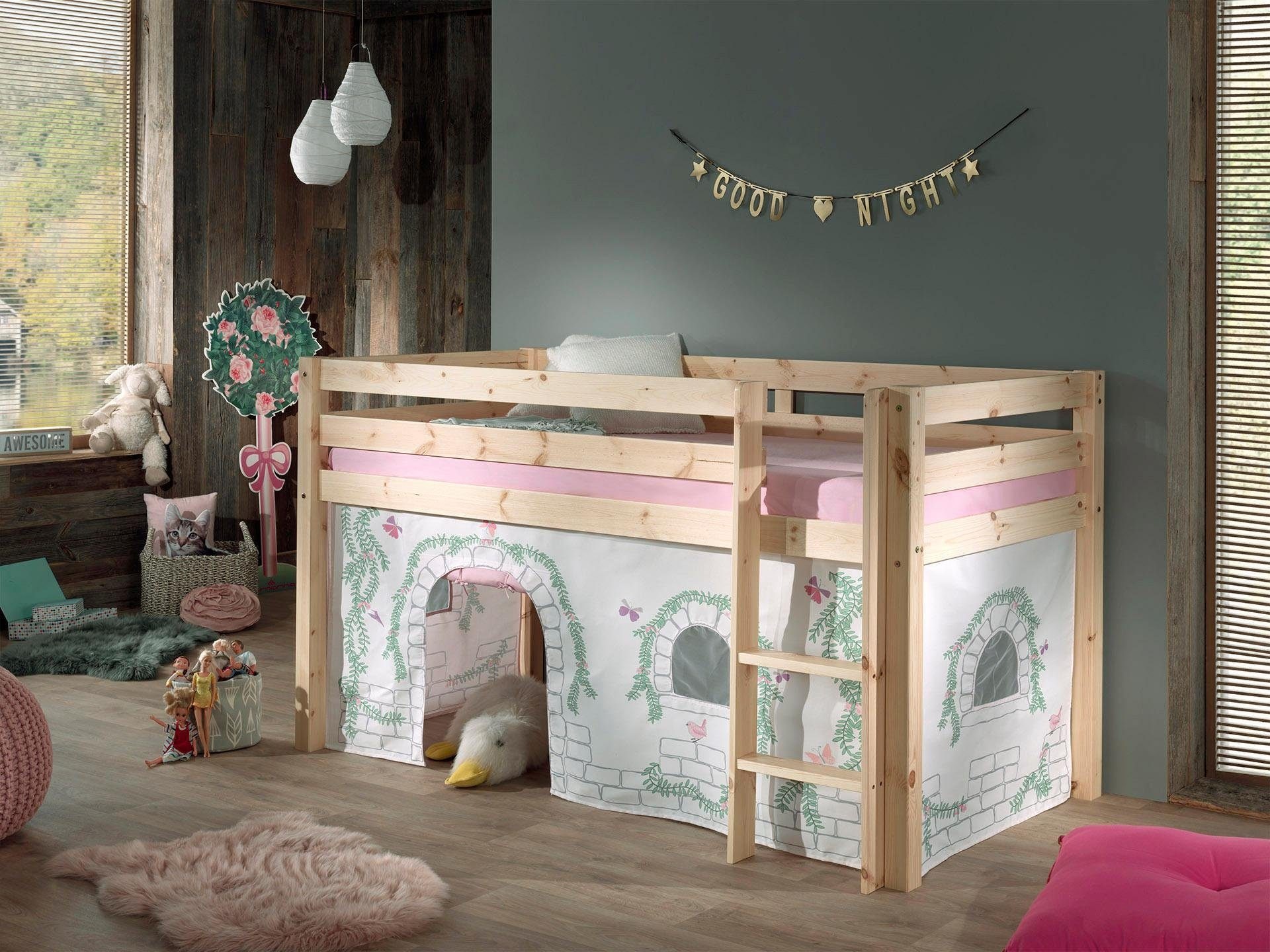 Vipack Hochbett »Pino, Spielbett massiv Kiefer, stabil gebaut, 3 Korpusfarben zur Wahl«, (inkl. Rolllattenrost, Leiter und Absturzschutz, mit oder ohne Rutsche), Textil-Set "Astronaut", inkl. Vorhang, mit oder ohne Tunnel