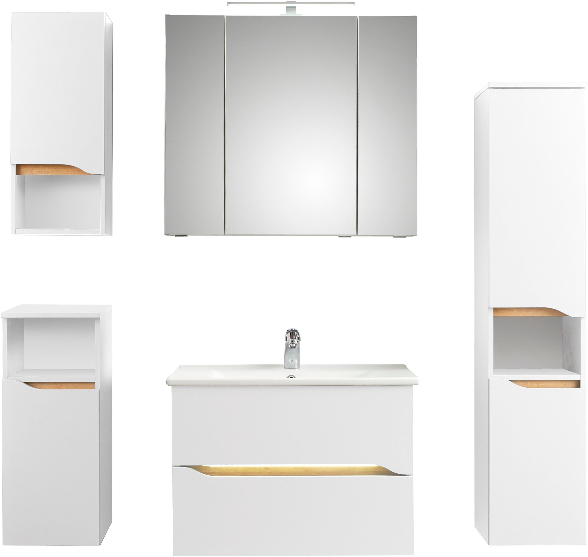 Saphir Badmöbel-Set »Quickset 5-teilig, Keramik-Waschtisch und LED-Spiegelschrank«, (7 St.), Midischrank, Unterschrank, Hängeschrank, inkl. Türdämpfer, 7 Türen