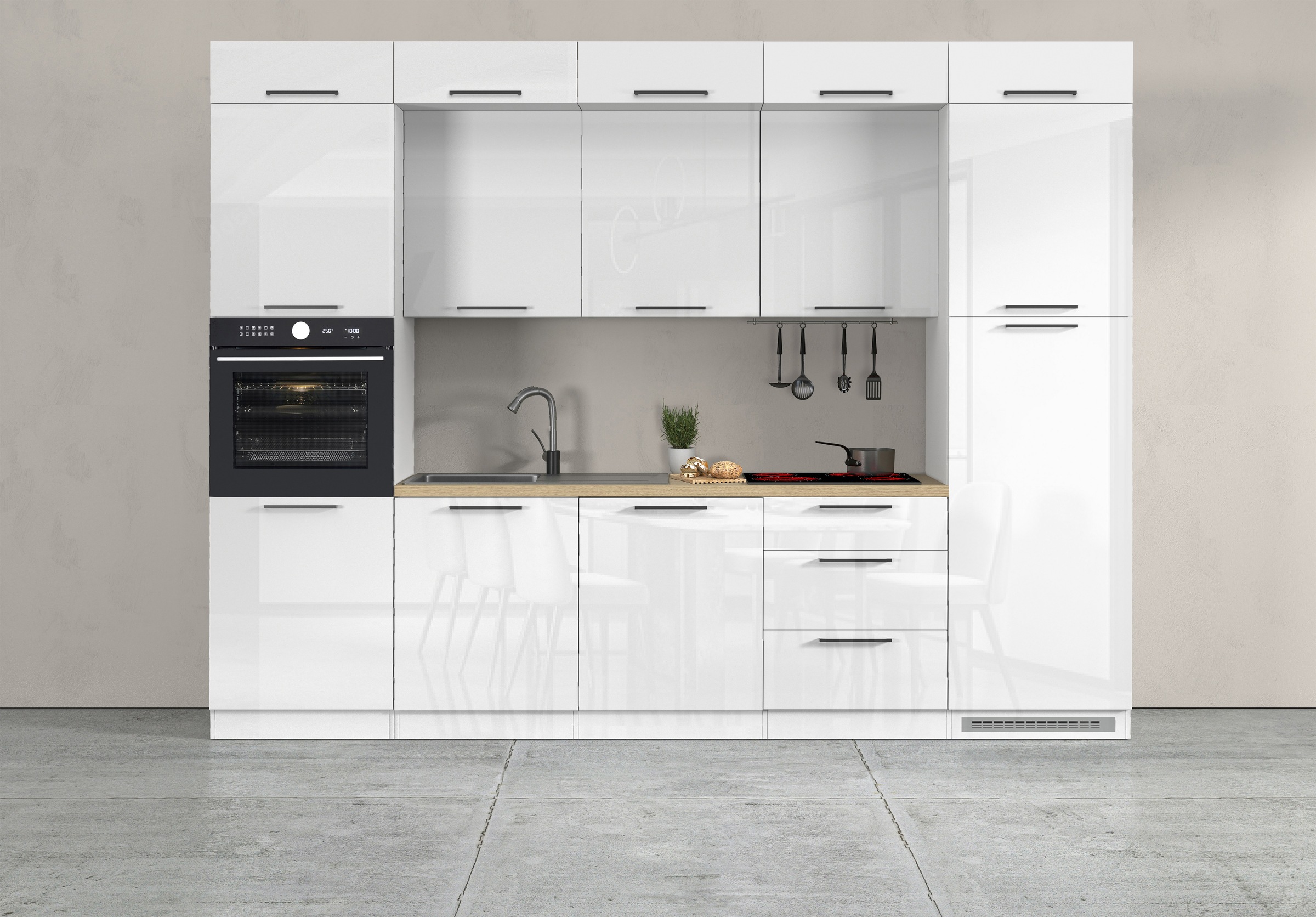KOCHSTATION Küchenzeile »Luna, Einbauküche, Zeilenküche, mit Soft-Close Funktion, Made in Italy« Breite 300 cm ohne E-Geräte, mit Spüle+Siphon und Aufsatz