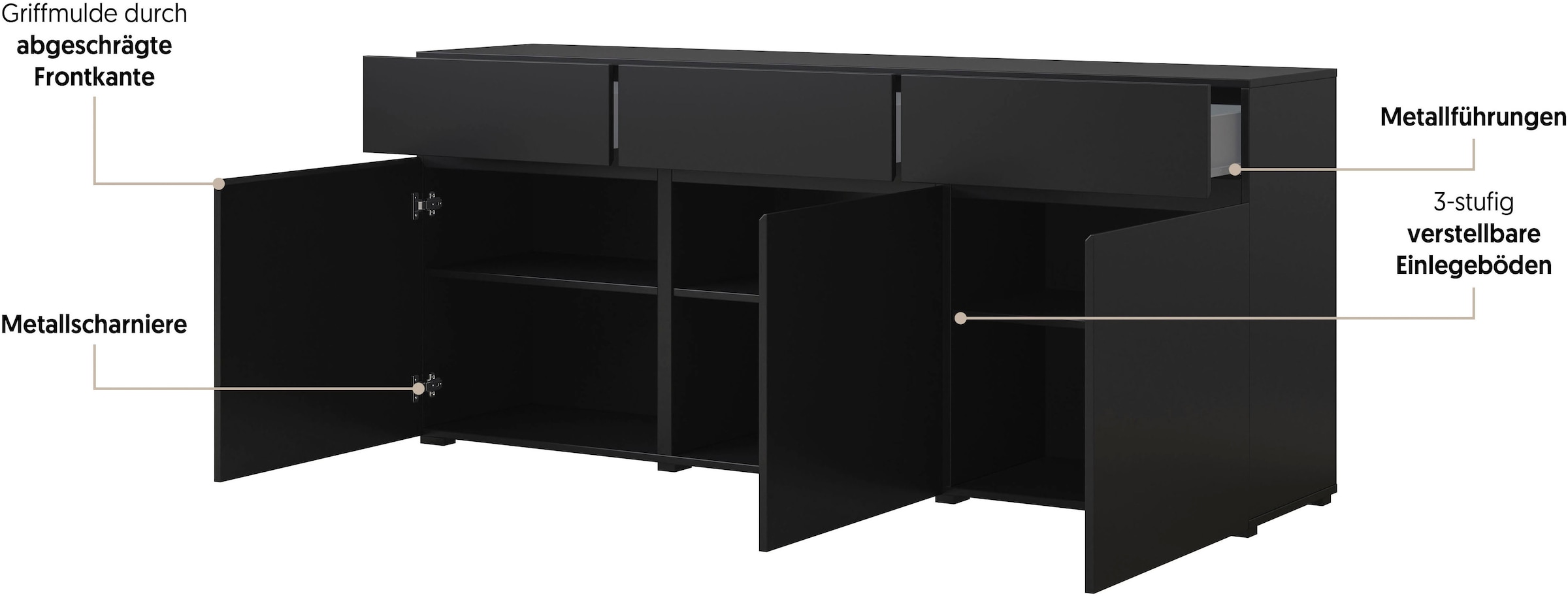 OTTO home Kommode »Cross,Breite 180 cm, moderne grifflose Kommode,3 Türen/3 Schubkästen« Schubladenschrank mit viel Stauraum, Einlegeböden verstellbar