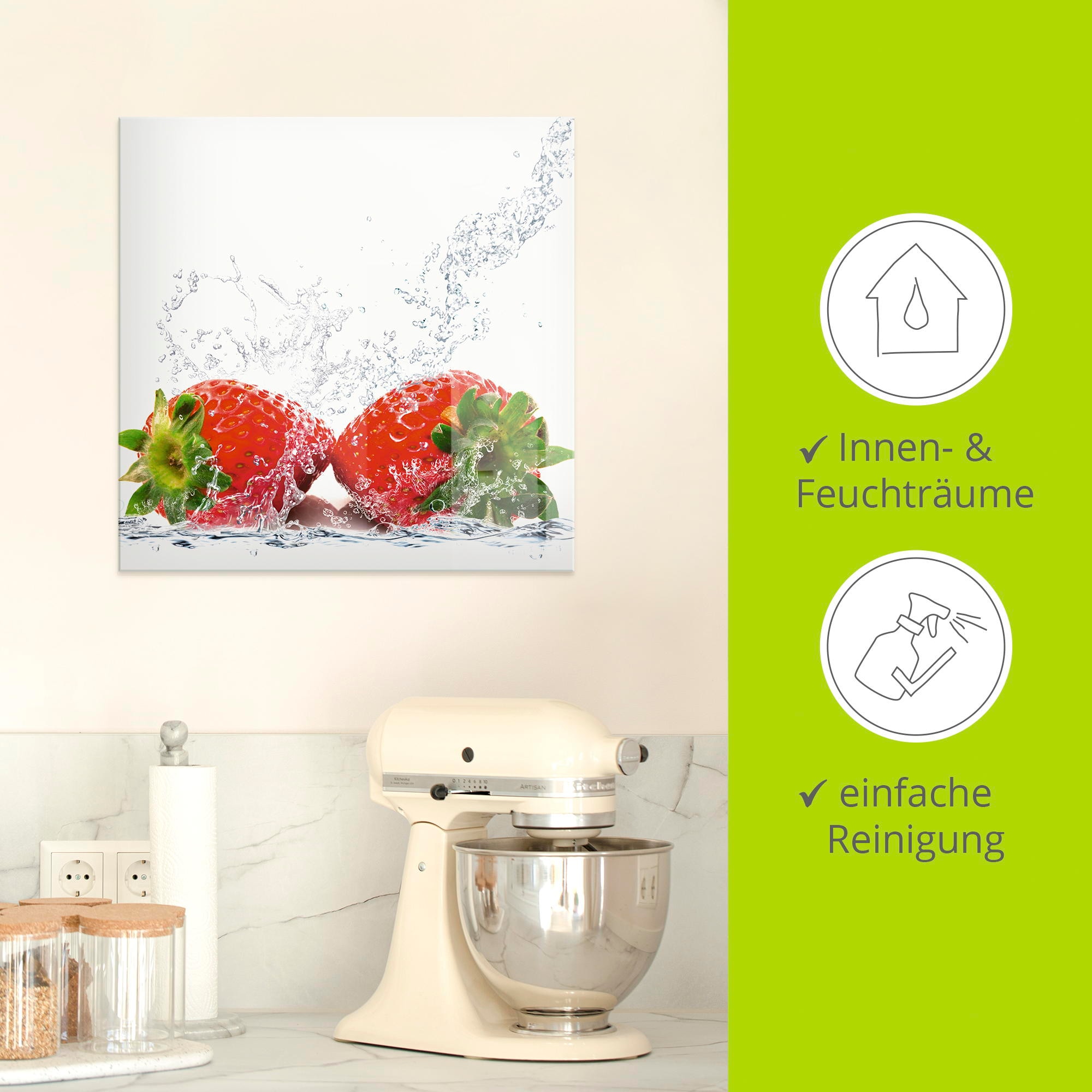 Artland Glasbild »Erdbeeren mit Spritzwasser« Lebensmittel 1 Stk. tlg. in verschiedenen Größen