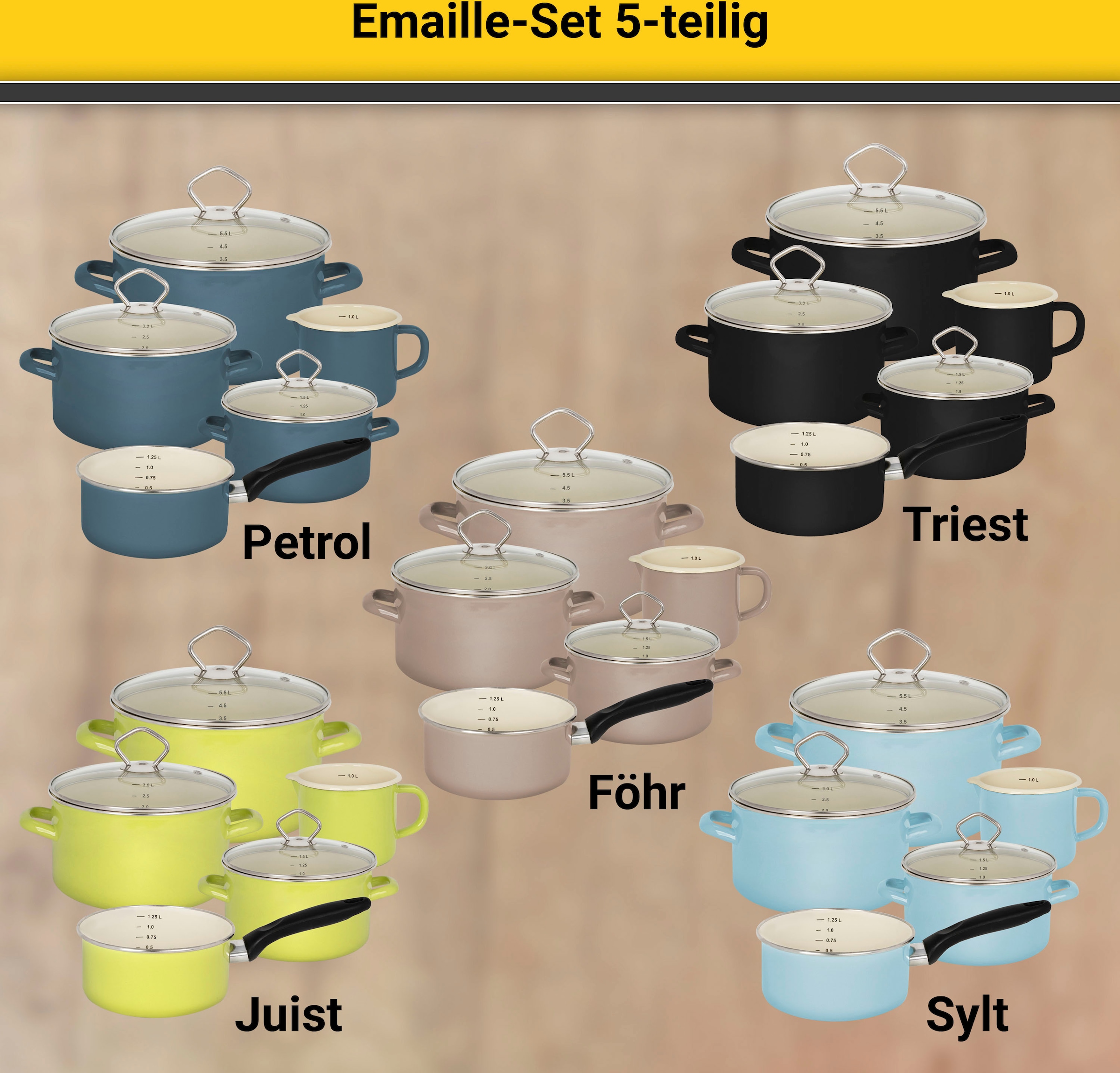 Krüger Topf-Set »Föhr«, Emaille, (Set, 8 tlg., Fleischtopf 16/20/24 cm, Stieltopf 16 cm, Milchtopf 12 cm), Induktion