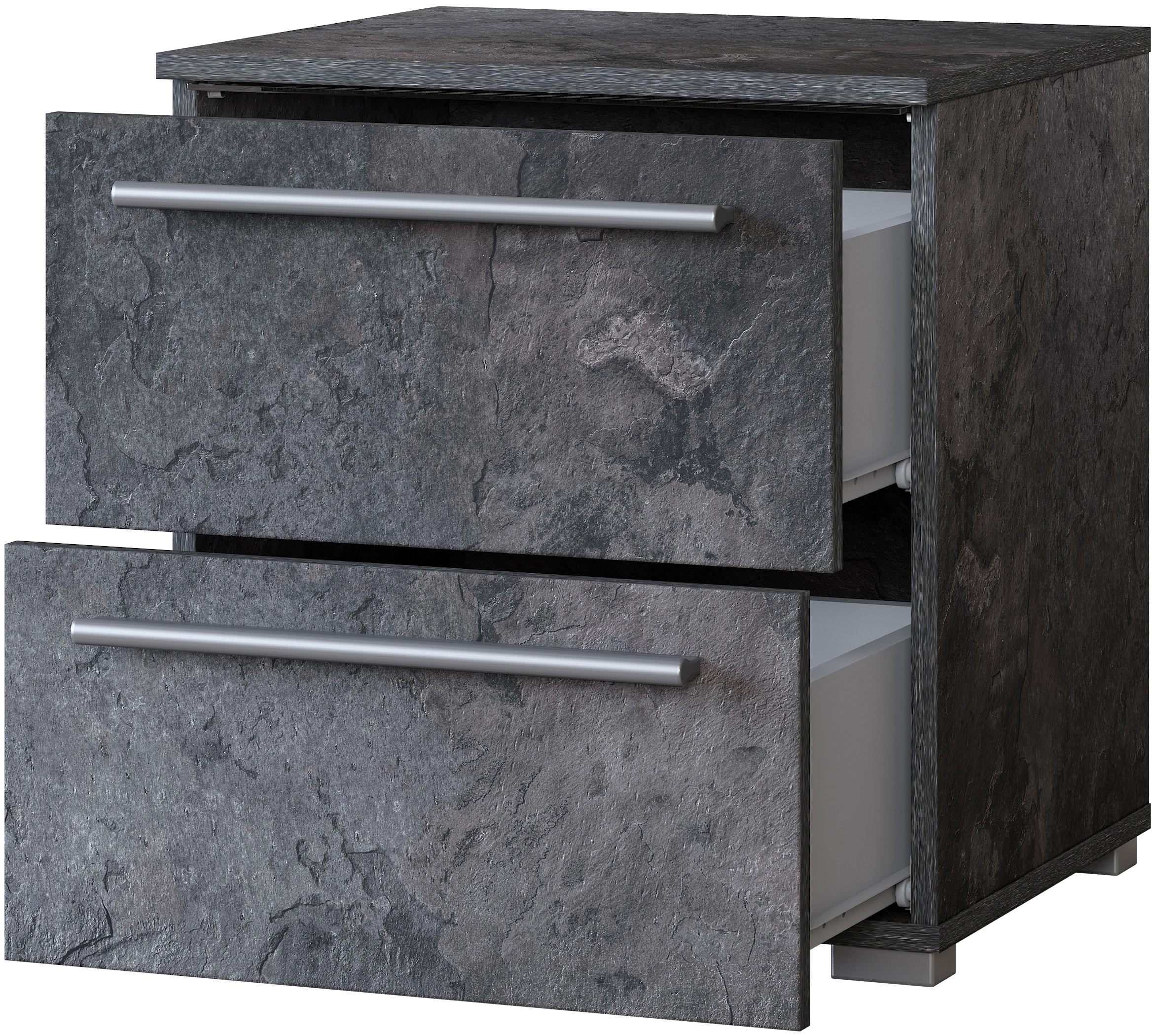 INOSIGN Nachtkommode »India, Stauraum in 2 Schubladen, FSC-zertifizierter Holzwerkstoff«, (in Schieferoptik oder weiß mit Hochglanzfronten, 46x50x41(BxHxT), Nachtschrank mit Beleuchtung und Fernbedienung, Made in Europe