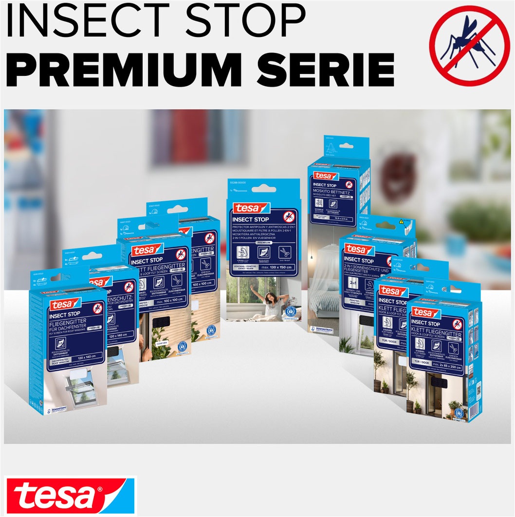 tesa Insektenschutz-Tür »Klett Fliegengitter Premium für Türen - ohne Bohren« Packung, Fliegennetz, Klettband, 1 Stk. tlg. selbstklebende Insektenschutz - (2 x 65cm )120cm x 250cm