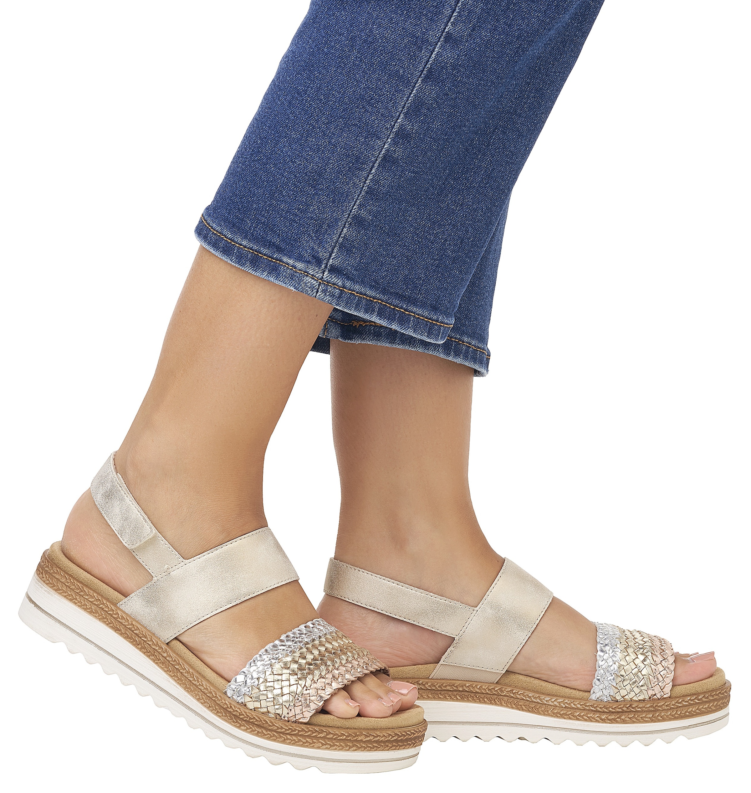 Remonte Keilsandalette »ELLE-Collection«, Sommerschuh, Sandale, Keilabsatz, mit Flechtbandage im Metalliclook