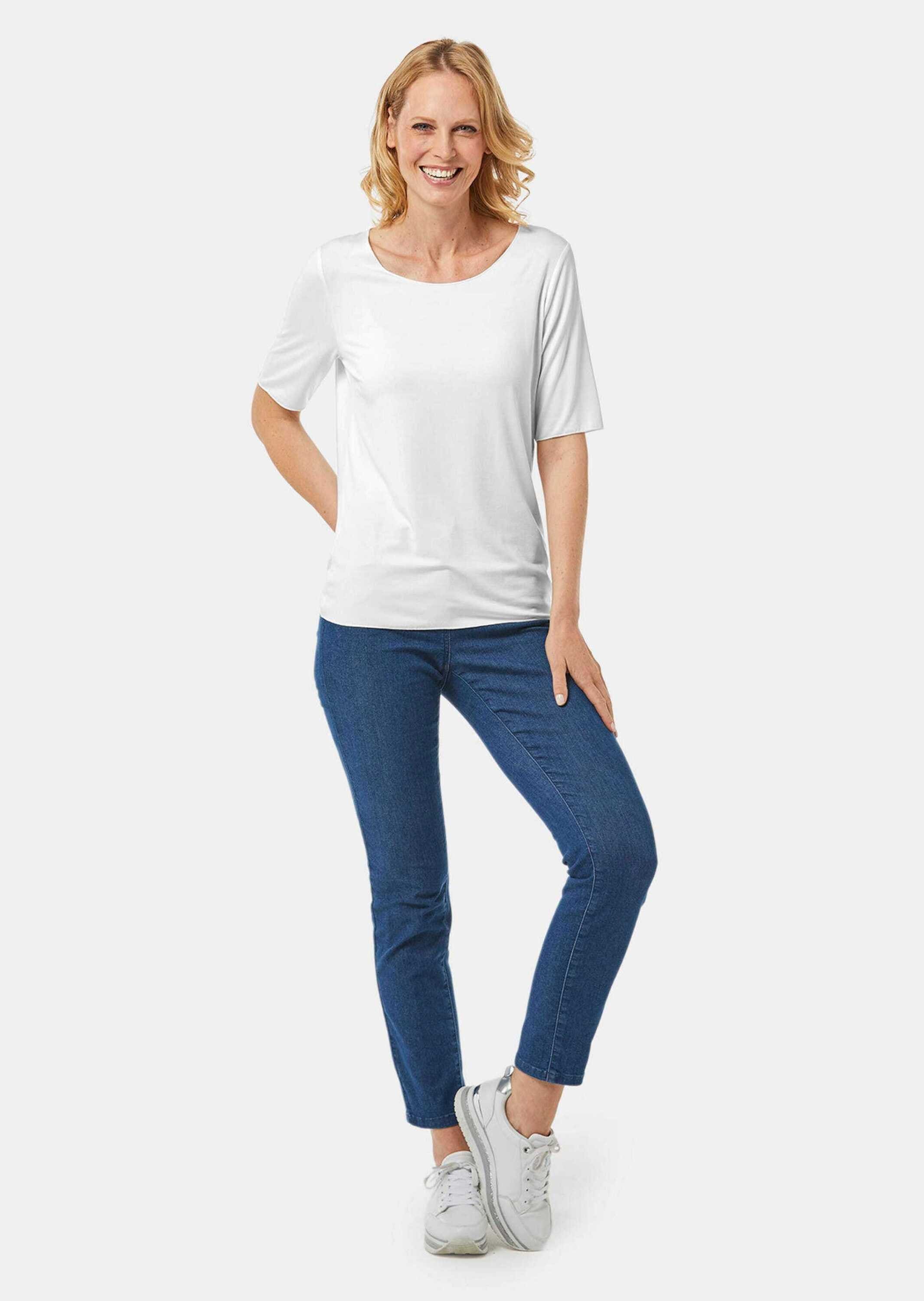 GOLDNER Langarm-Poloshirt »Rundhalsshirt Kombistarkes Halbarmshirt mit tonaler Zierkante«