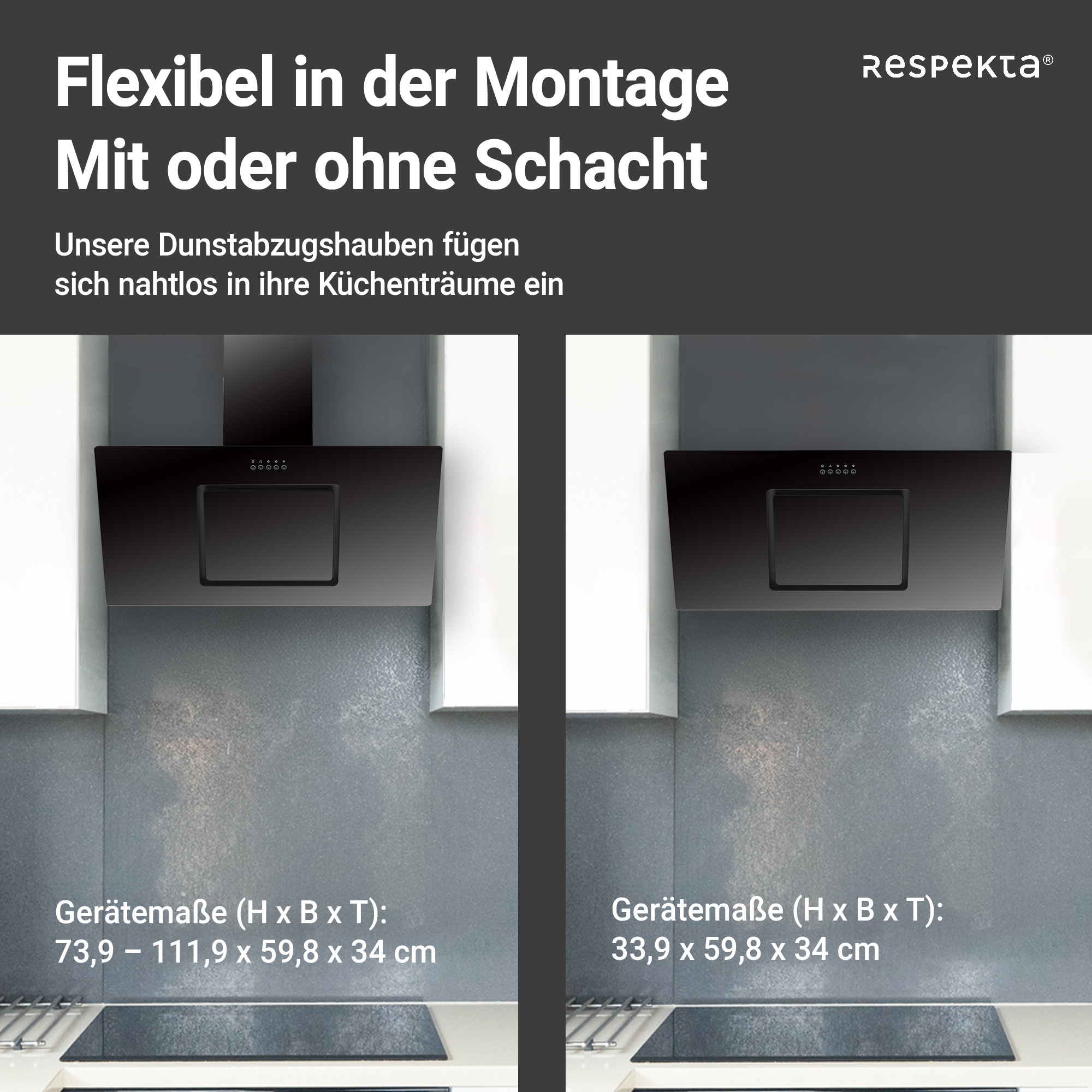 RESPEKTA Kopffreihaube »CH 22010«, 90 cm, 3 Leistungsstufenm, LED-Beleuchtung, Ab- und Umluftfähig