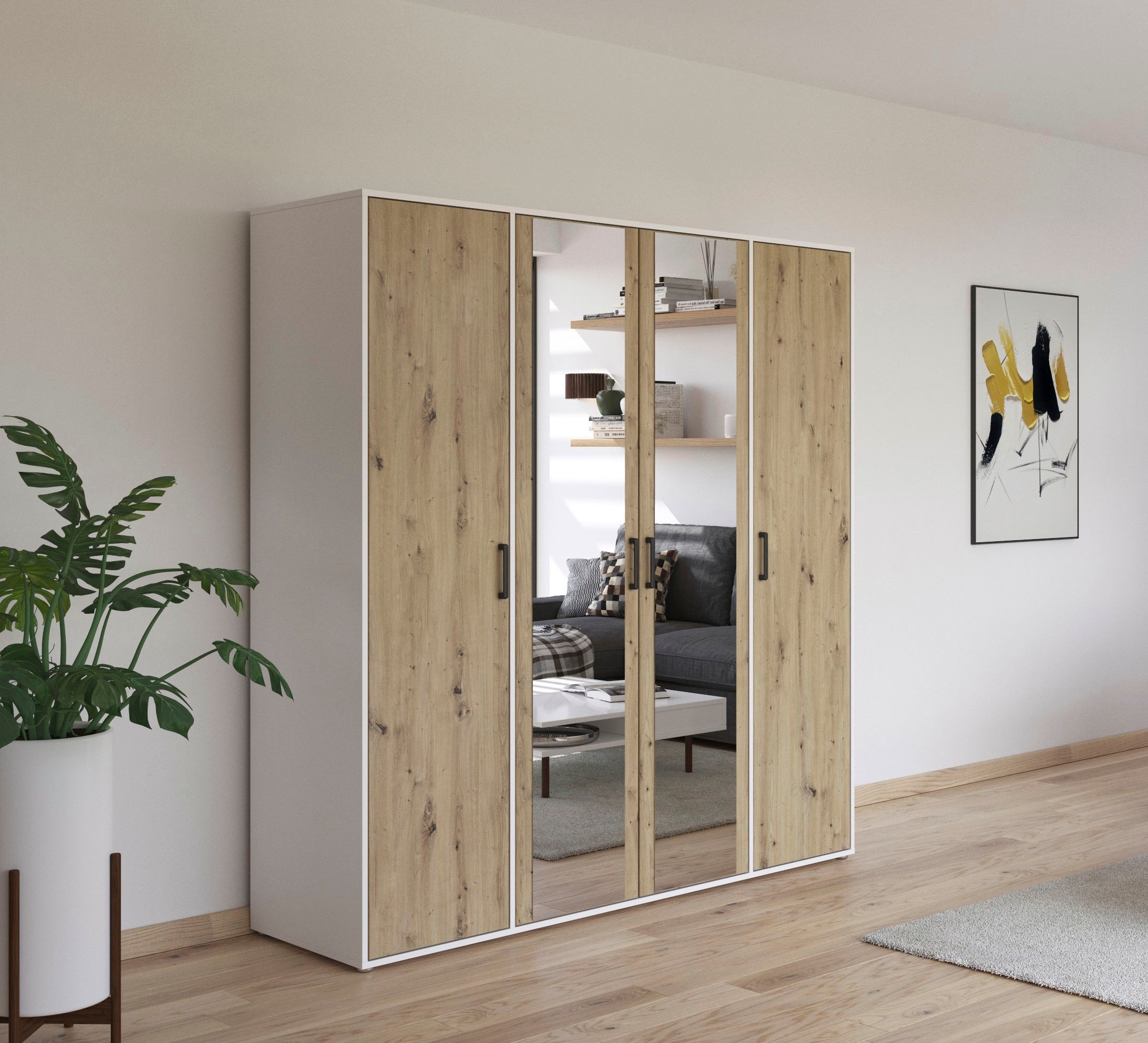 rauch Drehtürenschrank »Kleiderschrank Schrank Garderobe Wäscheschrank VOYAGER«, (in 3 verschiedenen Ausstattungen BASIC/CLASSIC/PREMIUM), mit modernen Griffen in Graumetallic und Spiegel