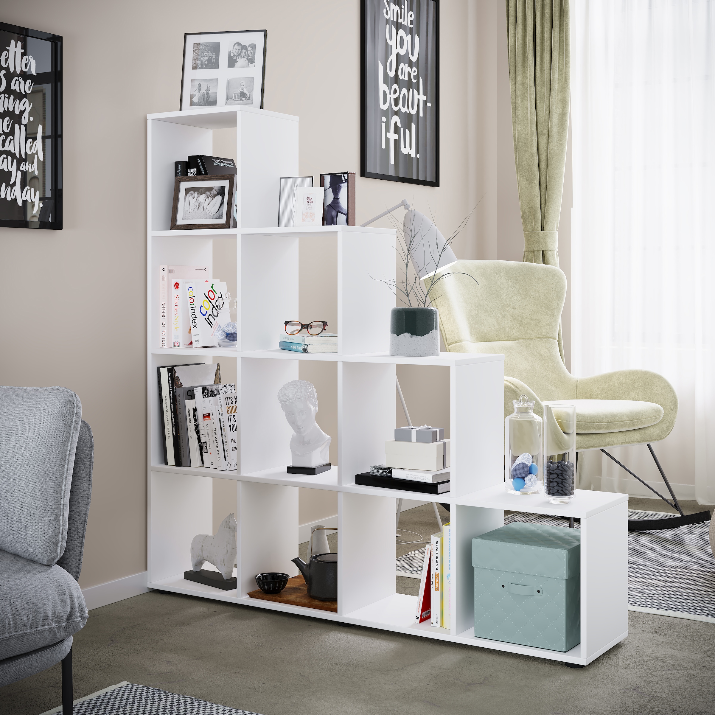 VCM Standregal »VCM Holzregal stehend | platzsparendes Regal | Maße: H. 139 x B. 143 x T. 29 cm | Elegantes Regal stehend | Aufbewahrungsregal | Bücherregal | Treppenregal - Napoli«