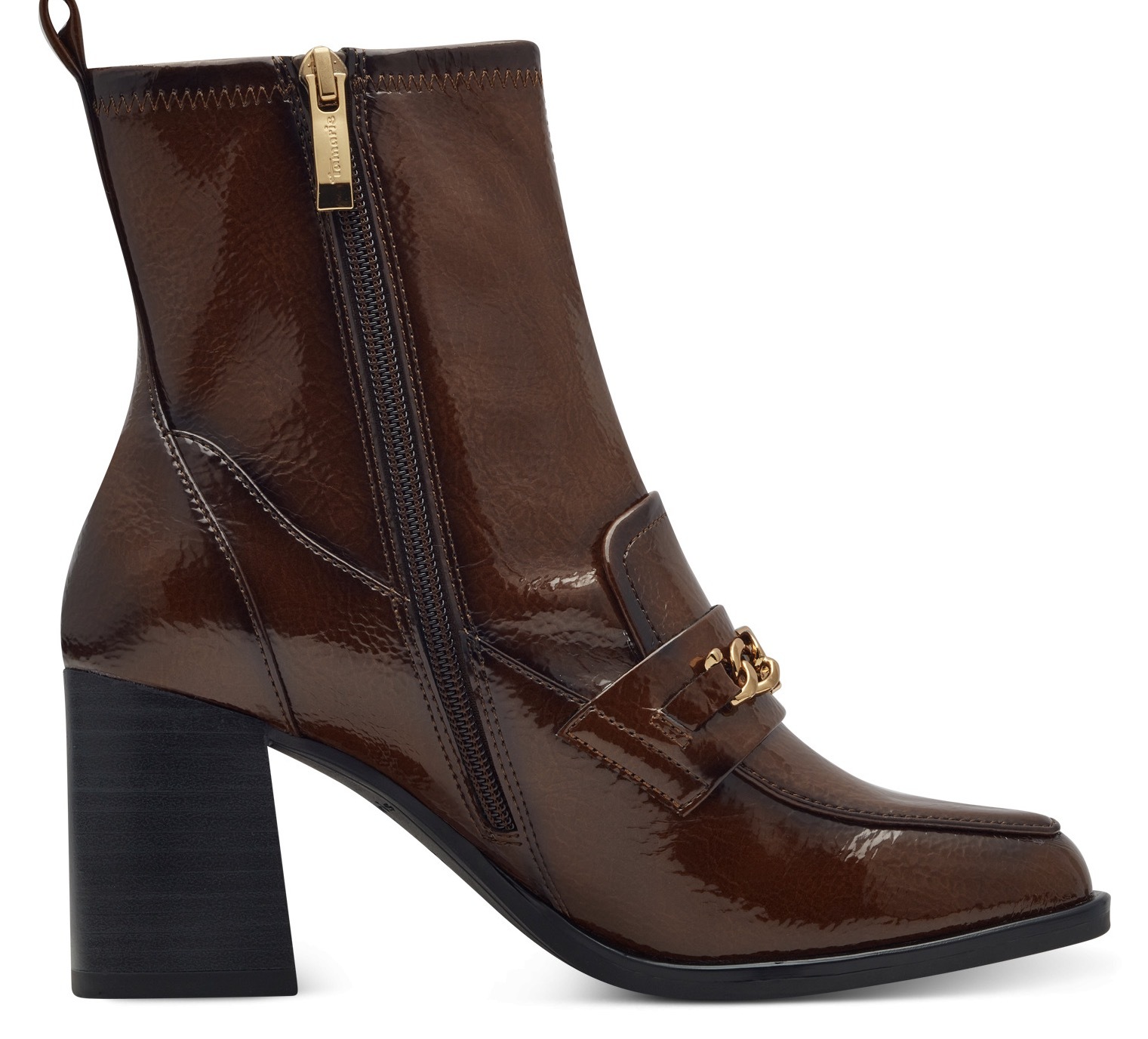 Tamaris Stiefelette, Blockabsatz, Partyschuh mit eleganter Zierkette und Logoemblem