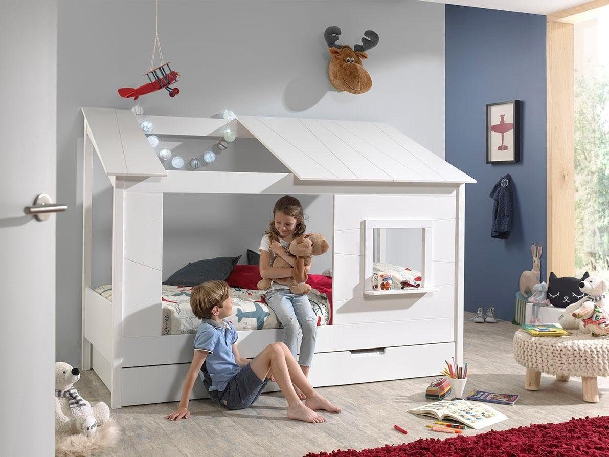 Vipack Kinderbett »Hausbett, aus MDF und Massivholz weiß lackiert, inkl. Fenster vorne«, (B/H/T ca. 214x158,5x105cm, seitl. und hinten offen), wahlweise mit oder ohne Bettschublade auf Rollen