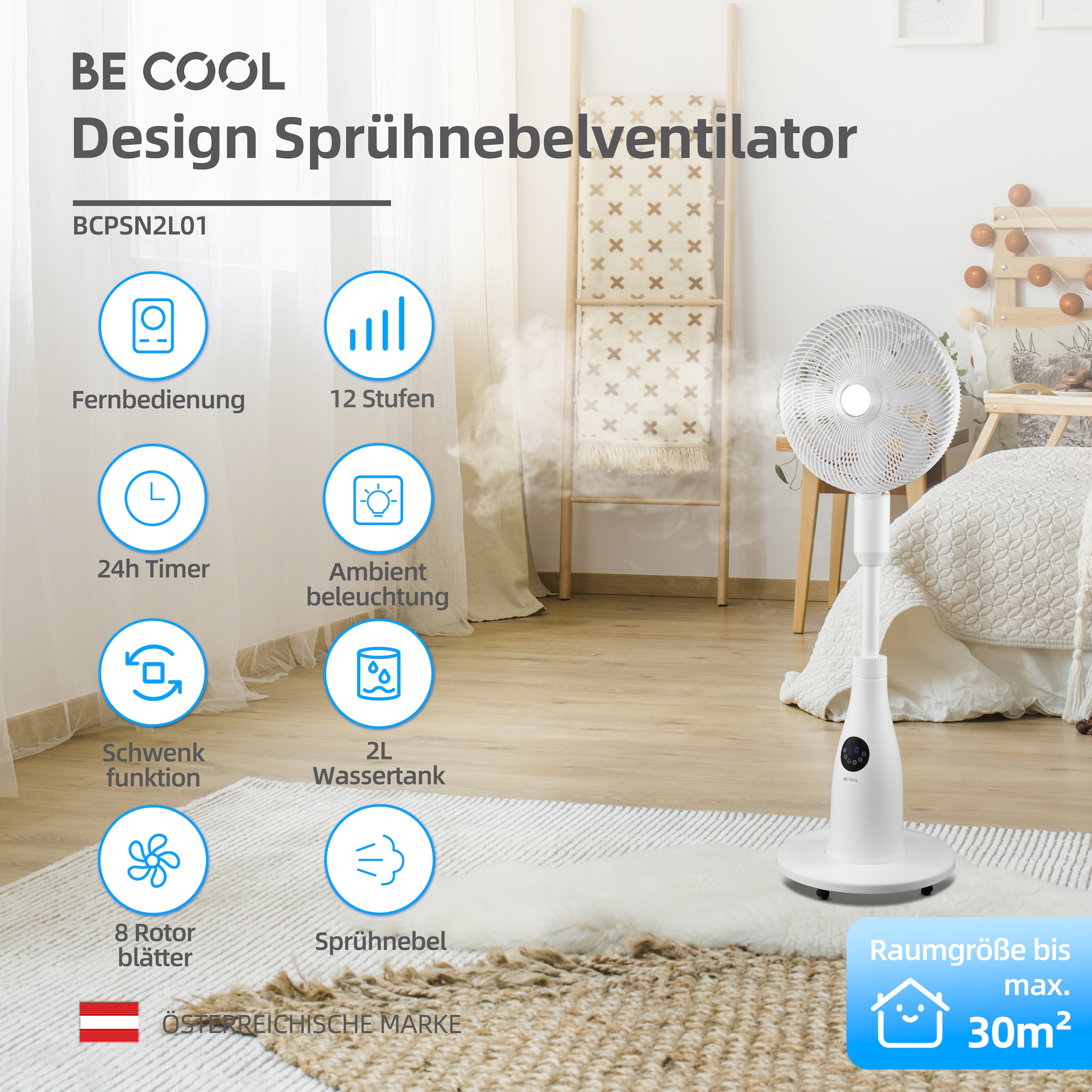 be cool Standventilator »Premium Sprühnebel-Standventilator mit 2 Liter Wassertank«, Sprühnebel-Funktion, Ambientebeleuchtung, Fernbedienung