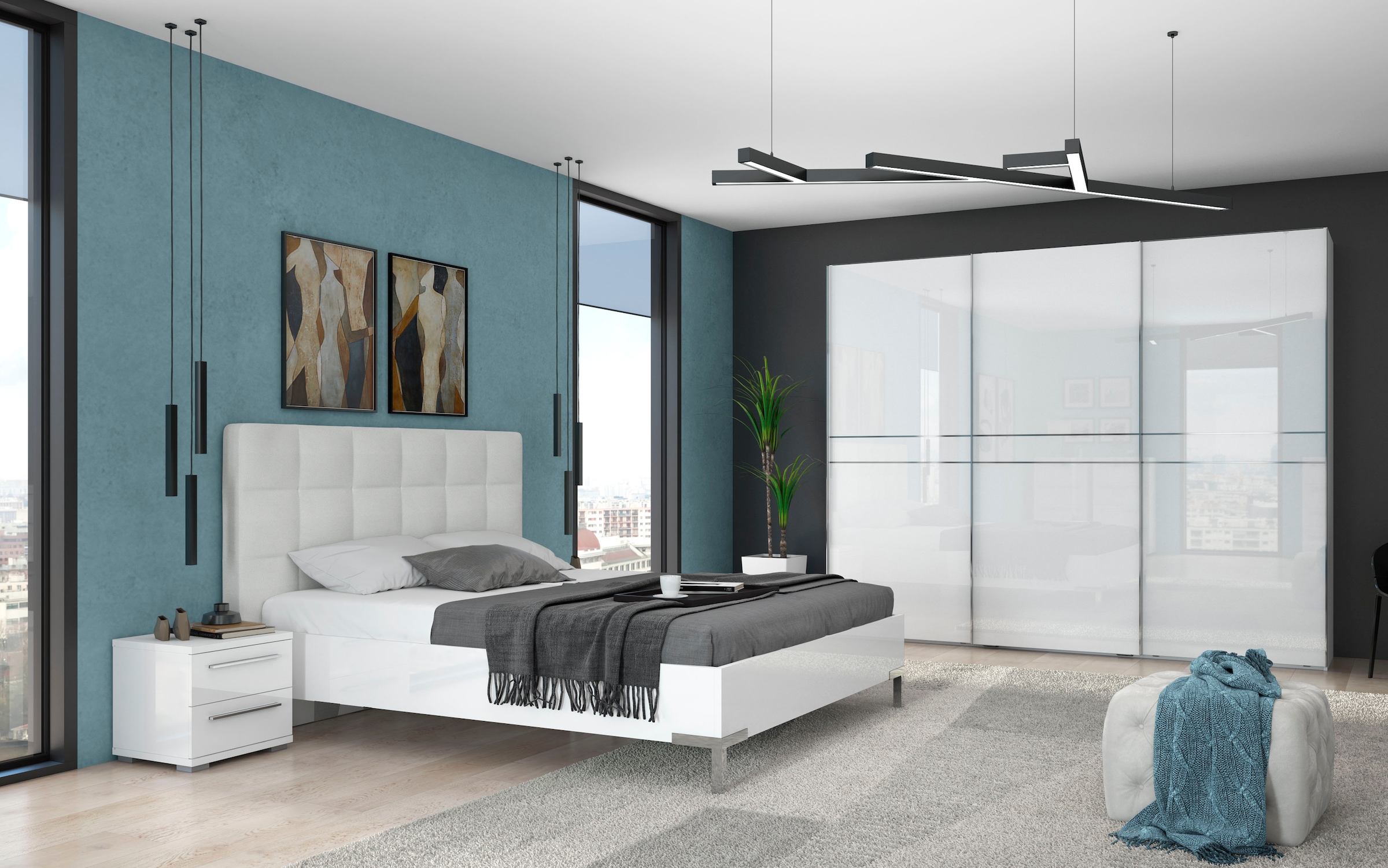 Places of Style Schwebetürenschrank »Piano, FSC-zertifiziert, mit Einlegeböden und Kleiderstangen«, (in 3 Breiten, 224cm hoch, mit verchromten Aufleistungen), UV lackiert, hochglänzend, mit Soft-Close Funktion, in beige oder weiß