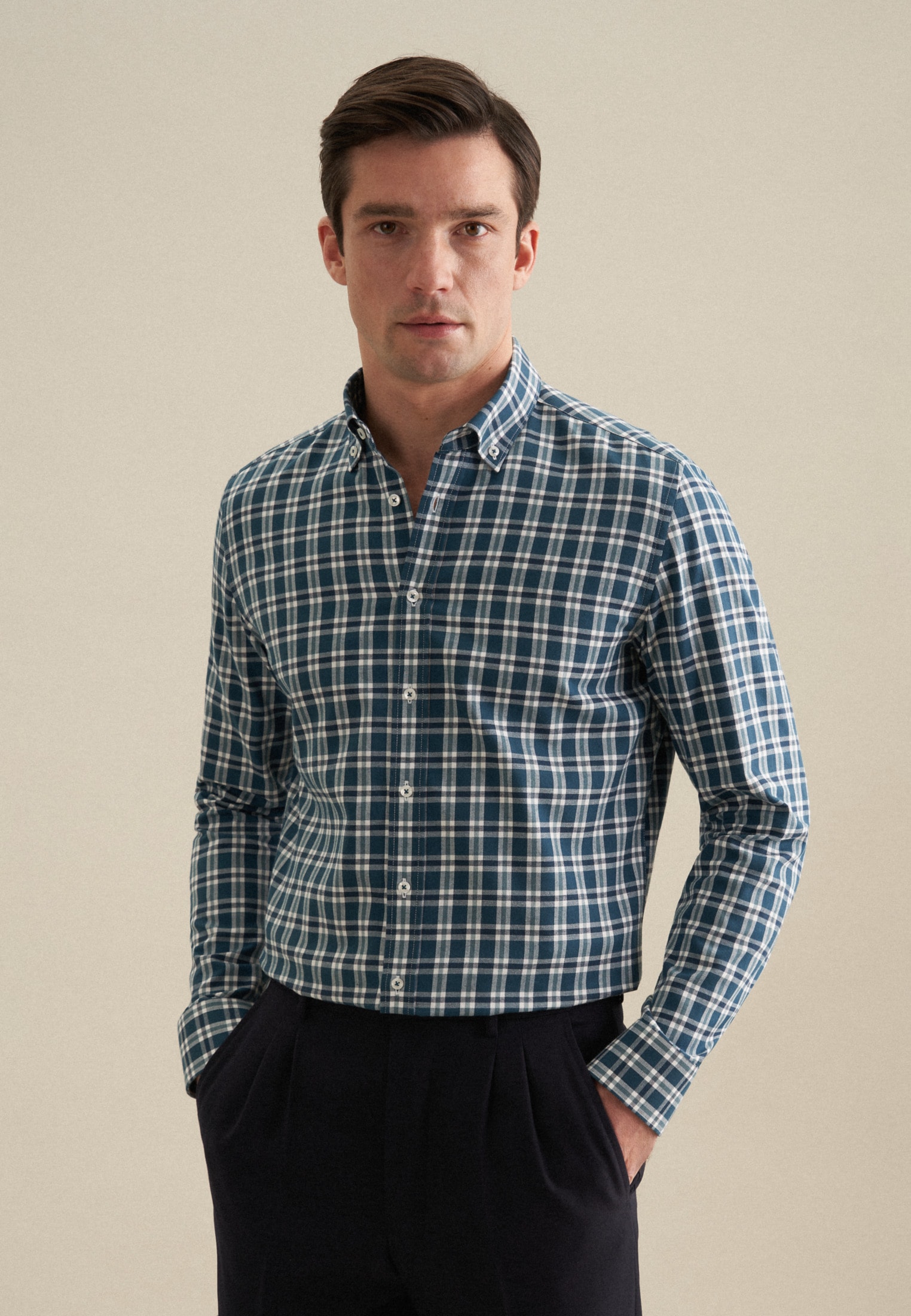 Flanellhemd »Slim«, Slim Langarm Button-Down-Kragen Karo