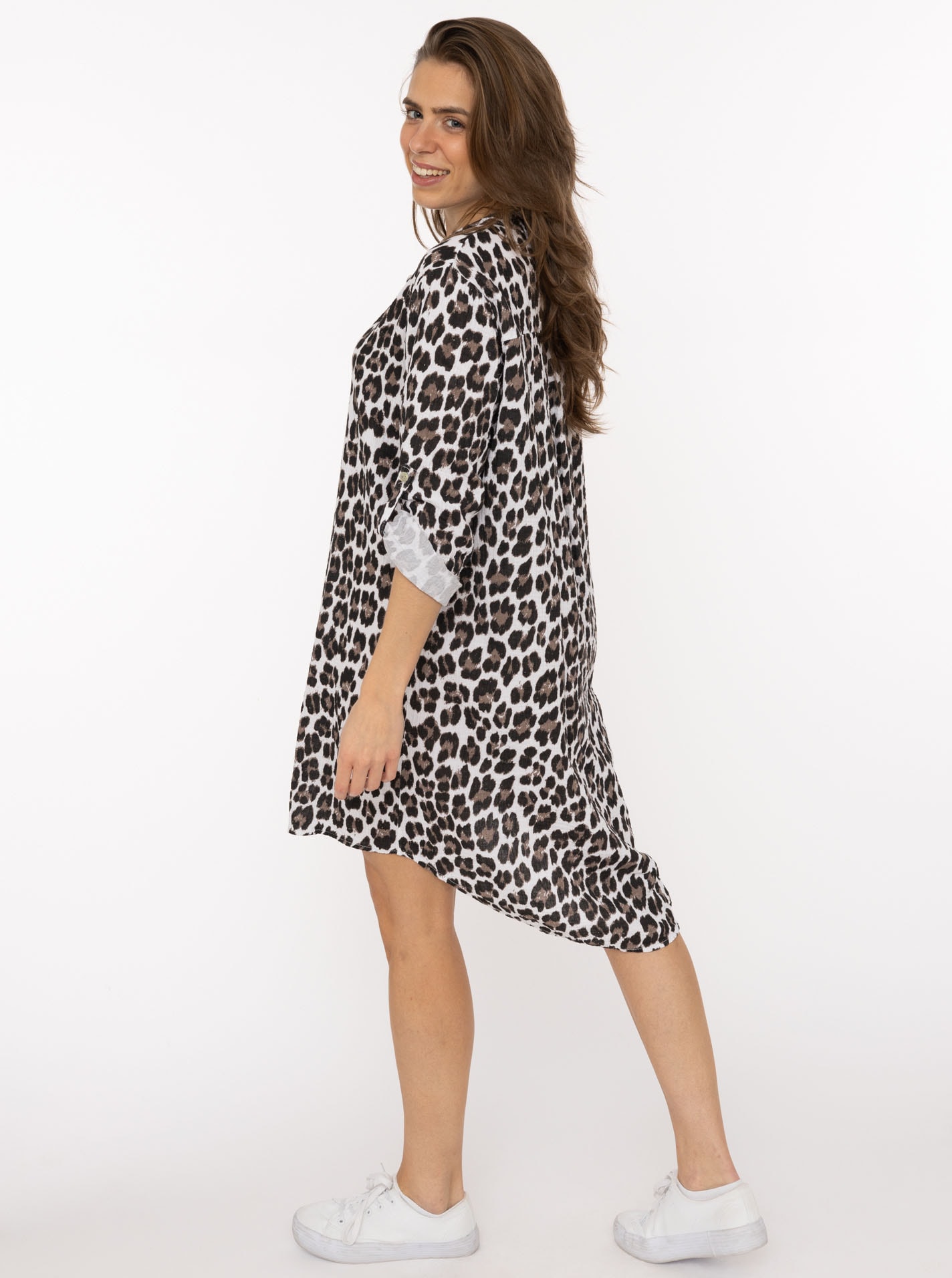 Zwillingsherz Blusentop »"Rom"« Turn-Up Ärmel, V-Neck. Leo-Muster, Musselin