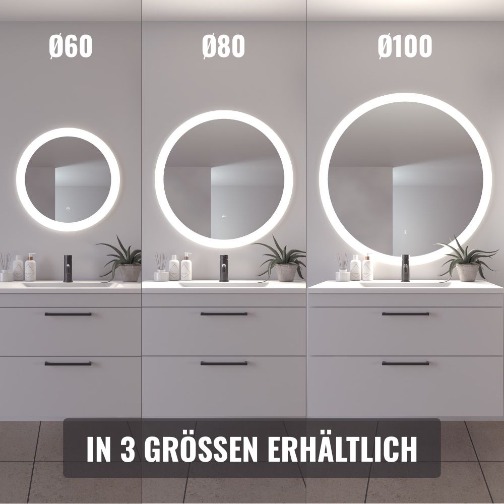 Badspiegel »Vega Rund, Badzimmerspiegel mit LED Beleuchtung, Lichtspiegel«, (1 St.), Touchpanel für Lichtsteuerung, Dimmbar Spiegel, Dänisches Design
