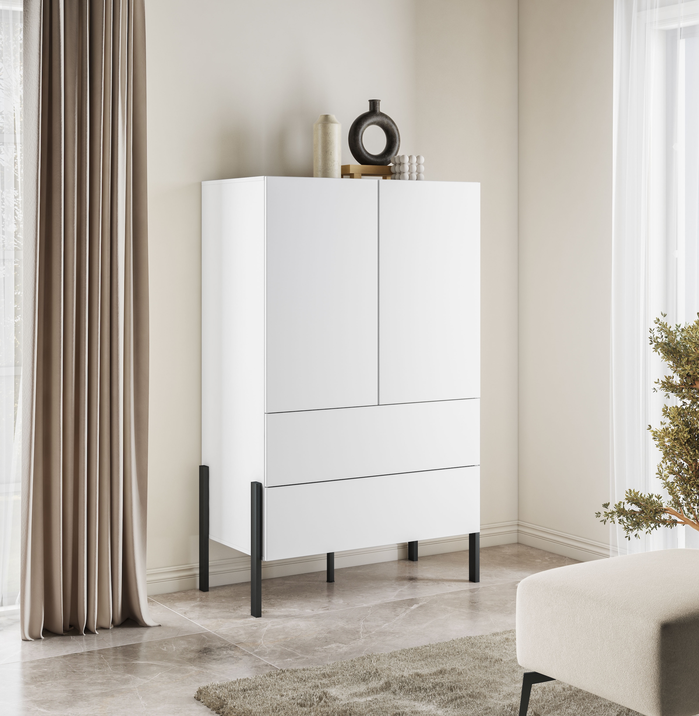 INOSIGN Wäscheschrank »Jukon, moderner griffloser Kleiderschrank, Metallfüsse, Made in Europe«, (90x150x50, ideal für kleine Räume oder Nischen), Mehrzweckschrank,2 Schubladen, 2 Türen, FSC-zertifiziert