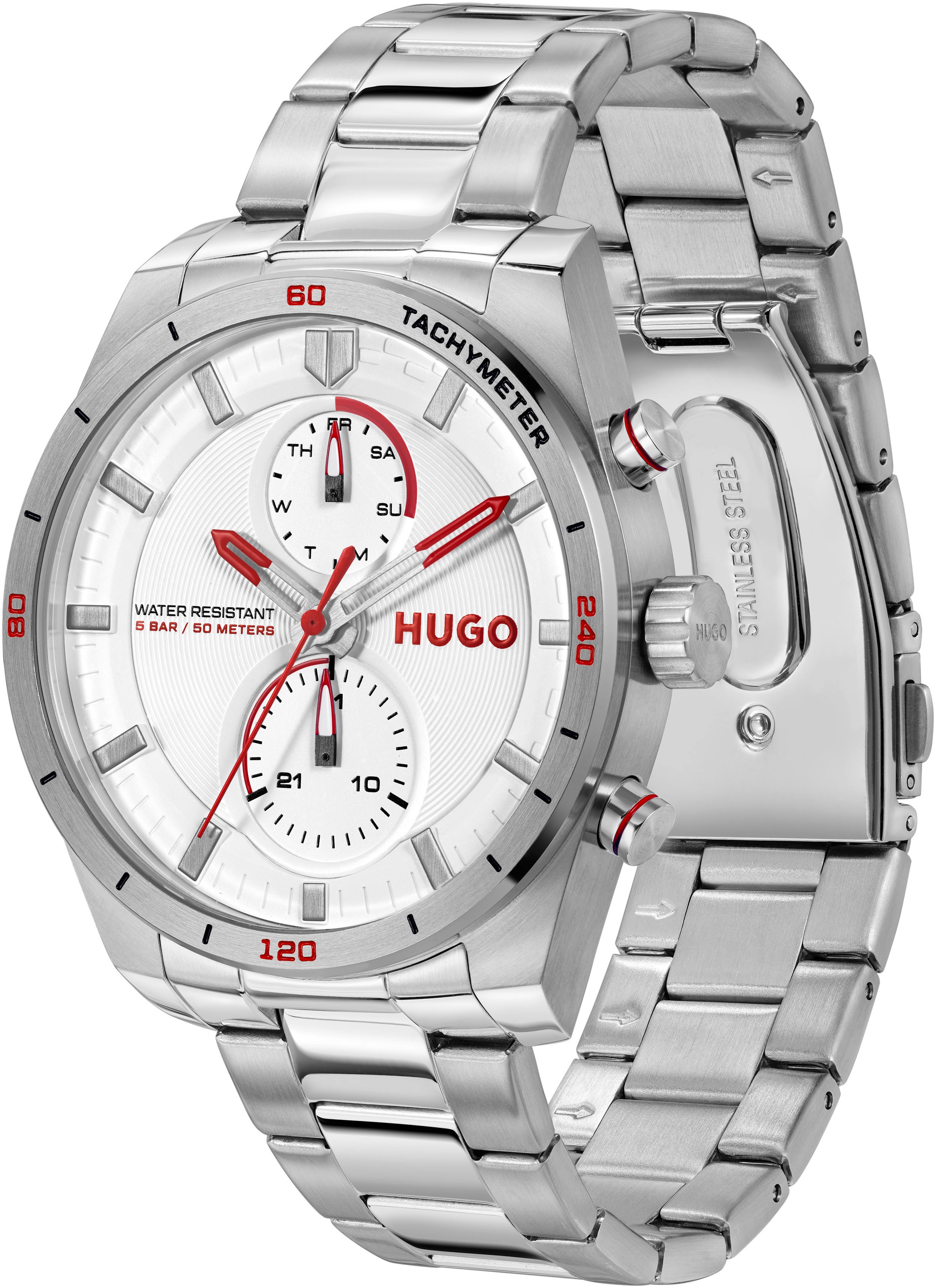HUGO Multifunktionsuhr »#FAST«, Armbanduhr, Quarzuhr, Herrenuhr, Datum, Edelstahlarmband