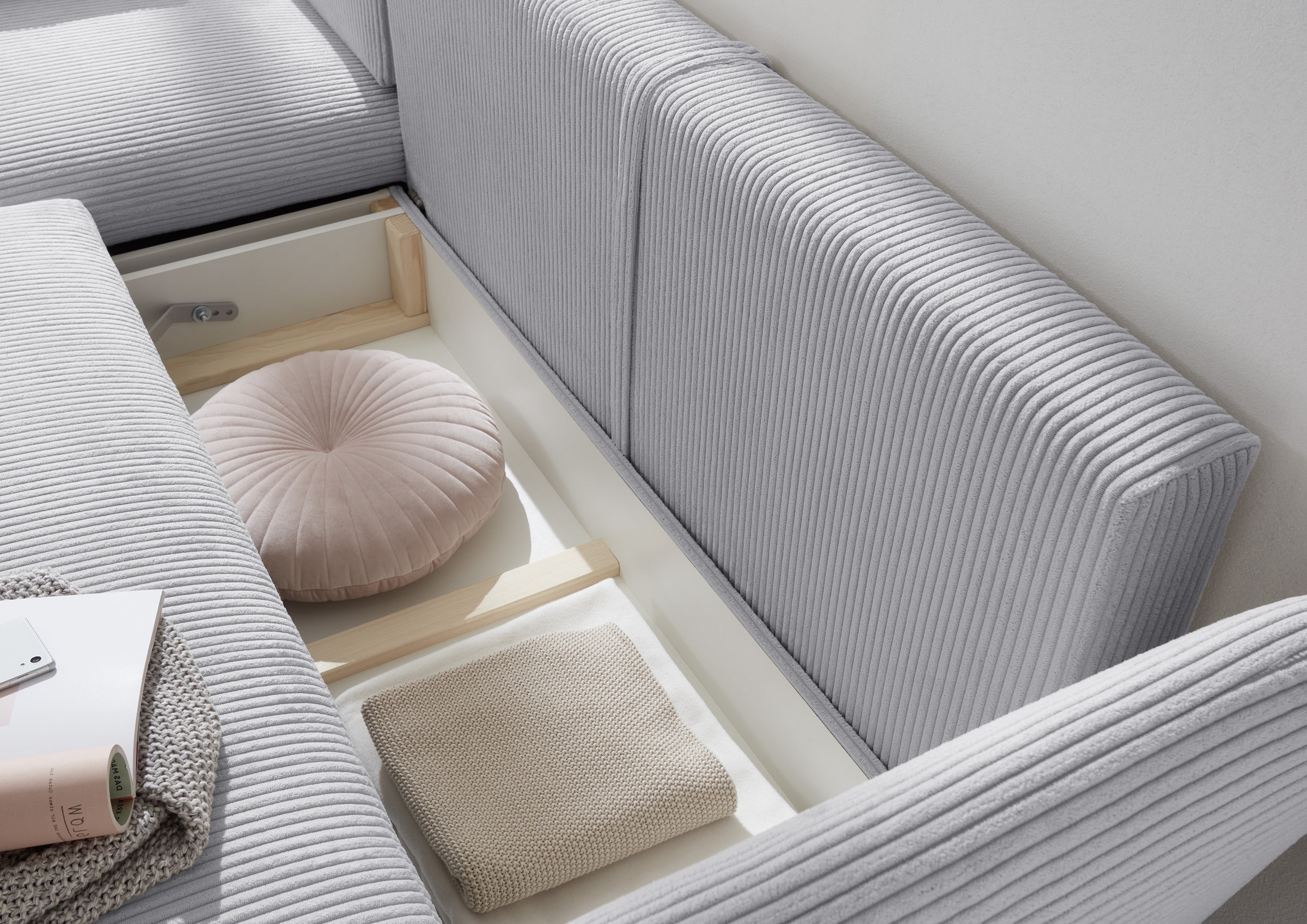 andas Ecksofa »MERLE, 258 cm, L-Form, traumhafter Cord,«, mit Bettfunktion und Bettkasten, Liegefläche 224 x 139