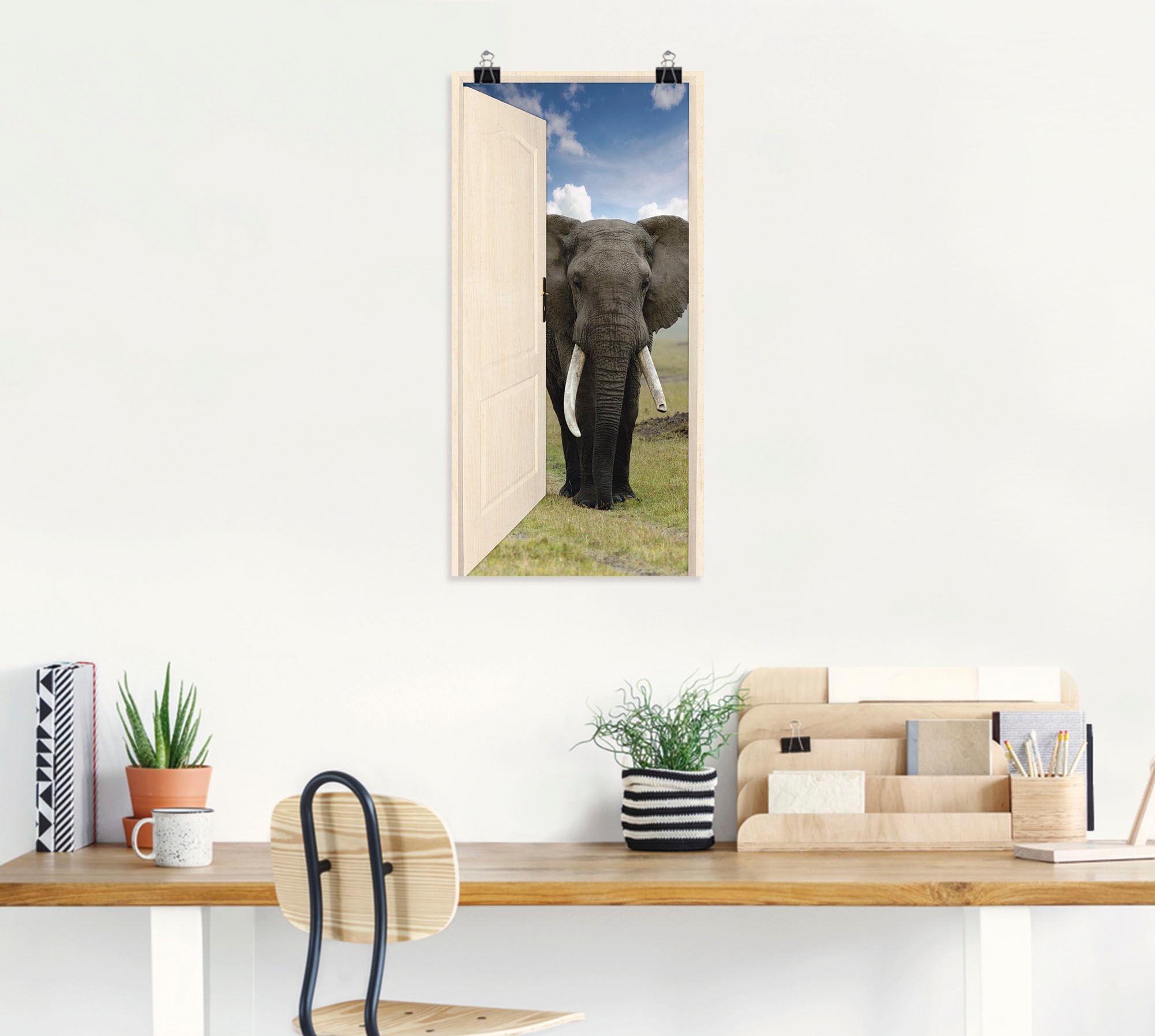 Artland Wandbild »Offene weiße Türe mit Blick auf Elefant«, Wildtiere, (1 St.), als Leinwandbild, Poster, Wandaufkleber in verschied. Größen
