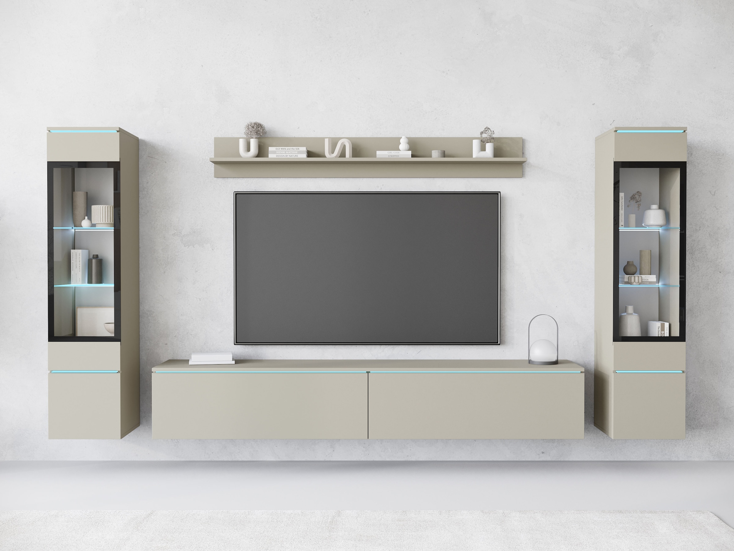 INOSIGN Wohnwand »VERA II, Vitrinen Türanschlag wechselbar«, (Komplett-Set, 4 St.), Vitrine mit Verglasung, stehend und hängend, inklusive Beleuchtung