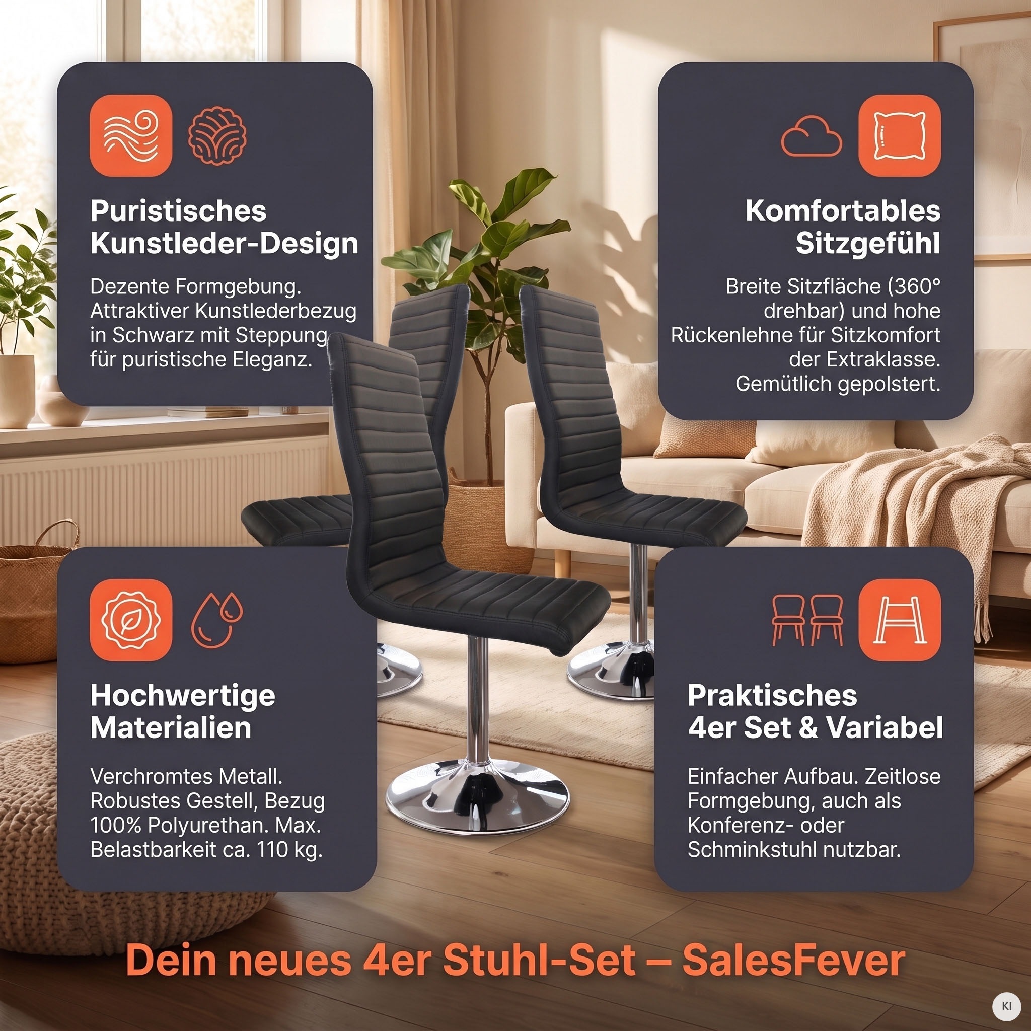 SalesFever Esszimmerstuhl »Komfortabler Armlehnstuhl zum Relaxen« (Set) 4 Stk.mit Drehfunktion
