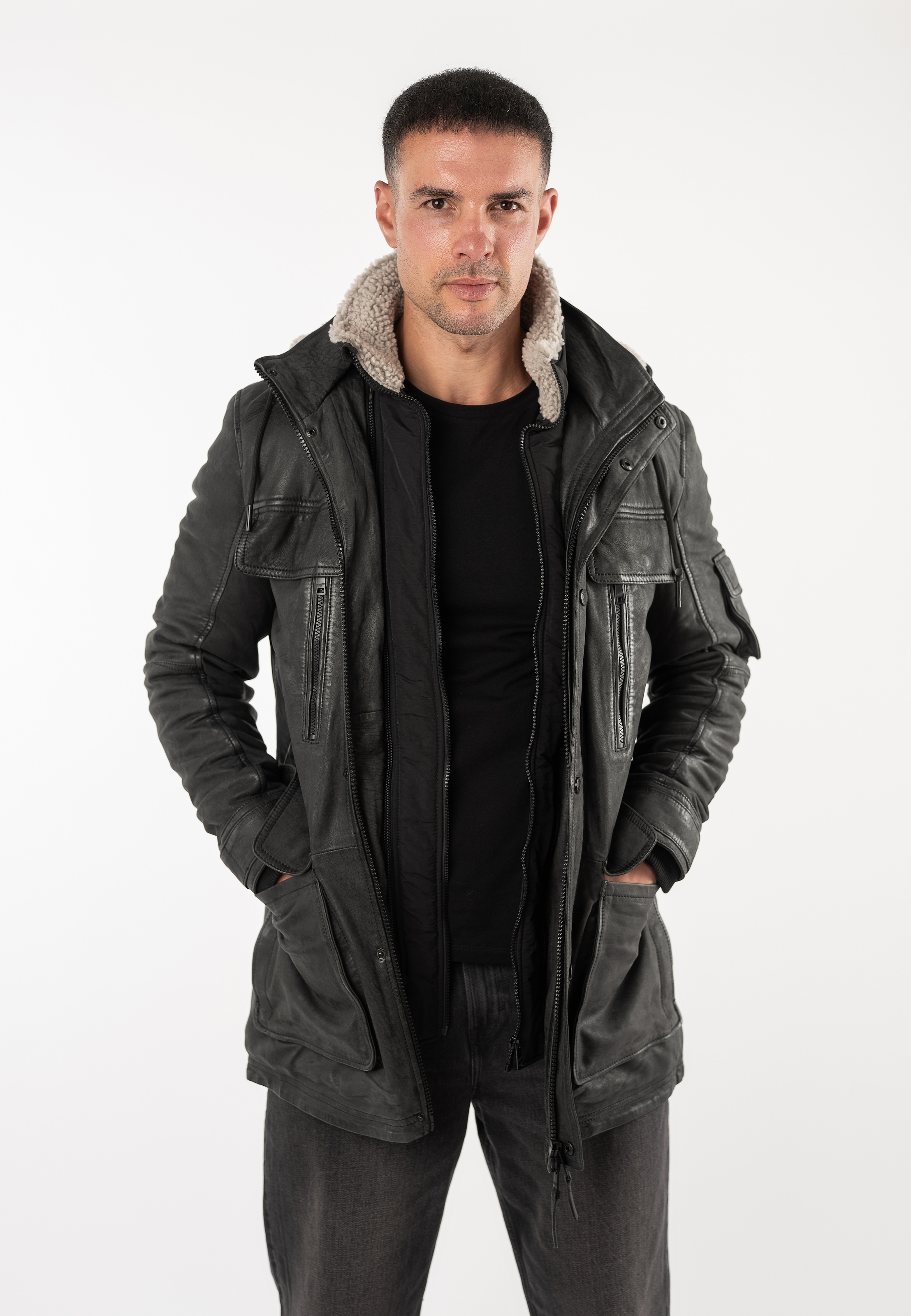 Mauritius Parka »MMUnimak« mit Kapuze aus Leder mit textilen Details