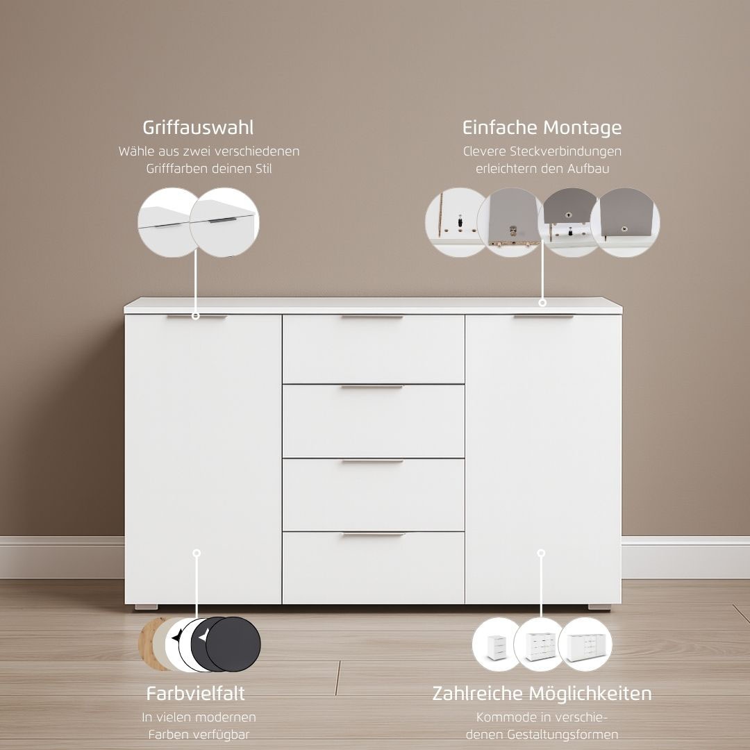 rauch Kombikommode »Sideboard Schubladenkommode AGORDO mit Dekor- oder Hochglanzfront«, (in zwei Griff-Farben, Breite 120 cm), vier große Schubladen, mit insgesamt 4 Einlegeböden MADE IN GERMANY