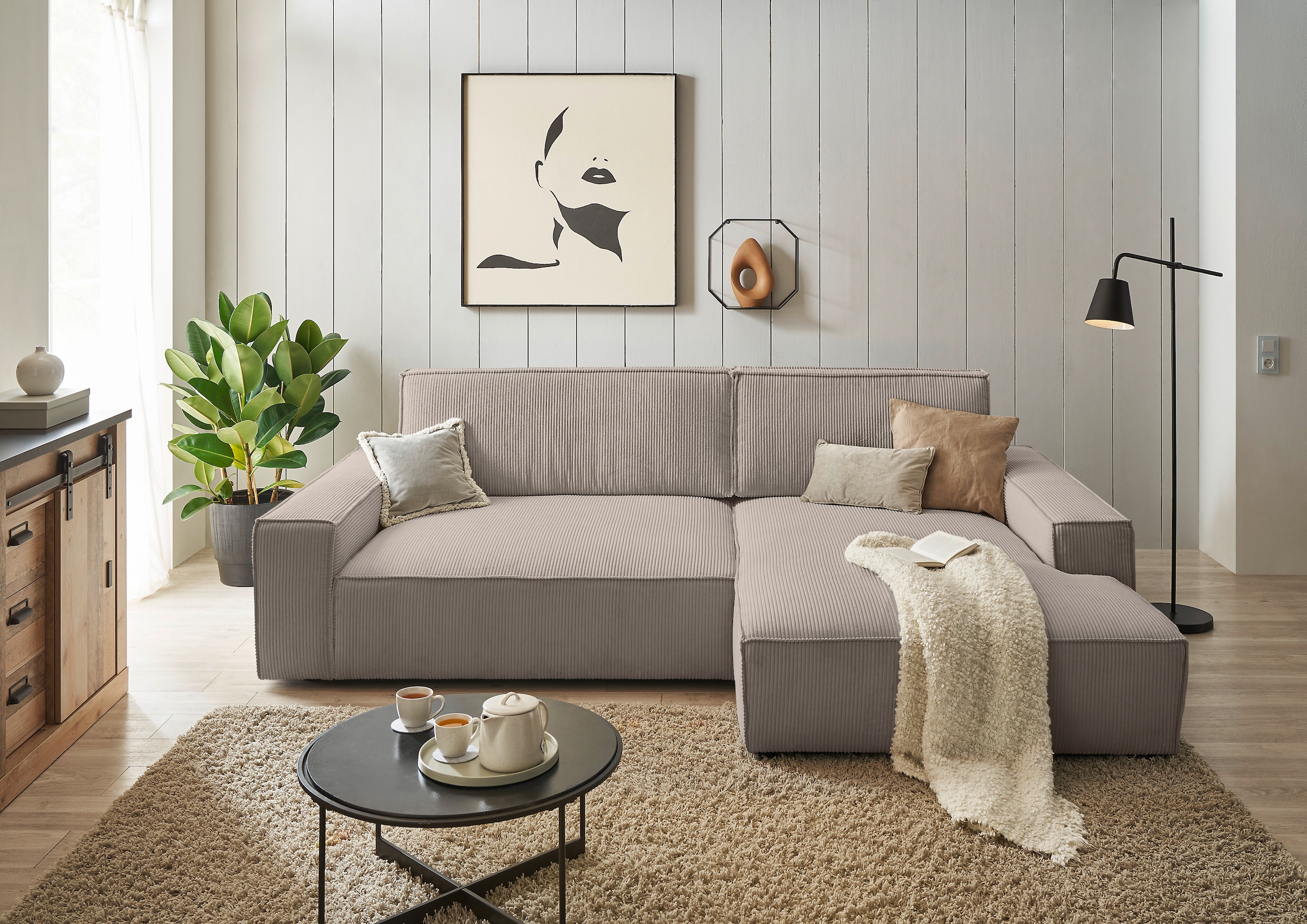 Home affaire Ecksofa »NEU: SHERWOOD XXL 284, Big-Sofa L-Form, tiefe Sitzfläche 95 cm, Cord«, Recamiere rechts/links, als Schlafsofa stellbar, Cord u. Leinenoptik