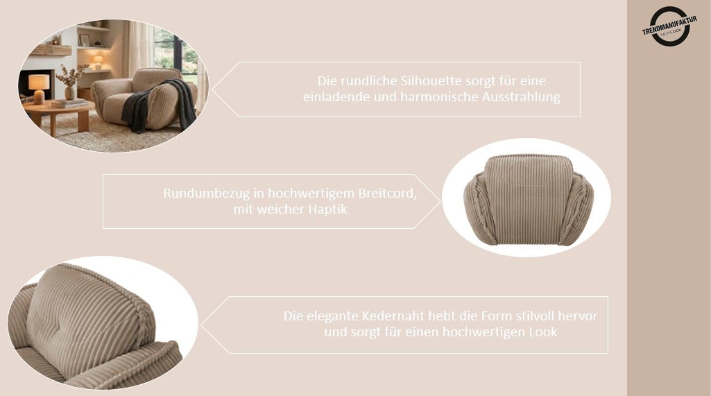 TRENDMANUFAKTUR Sessel »Be Fluffy, mit Rundumbezug, moderner breiter Kedernaht« mit softem Sitzkomfort, in hochwertigem Breitcord mit weicher Haptik