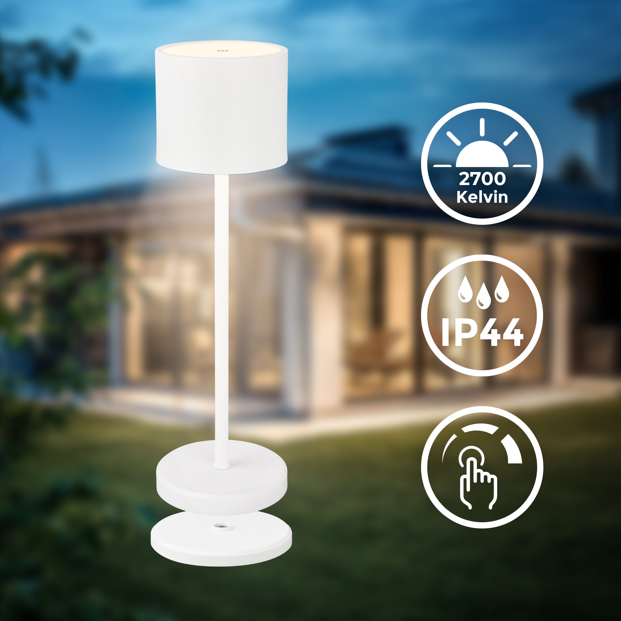 B.K.Licht Außen-Tischleuchte »BK_TL1607 Akku Tischlampe mit Ladestation, 3-Stufen Touchdimmer, IP44« LED-Modul 1 Stk. Extra-Warmweiß 3.000 K, 230 Lm, 2,5W, Akku wechselbar, max. 12h Leuchtdauer, Weiß