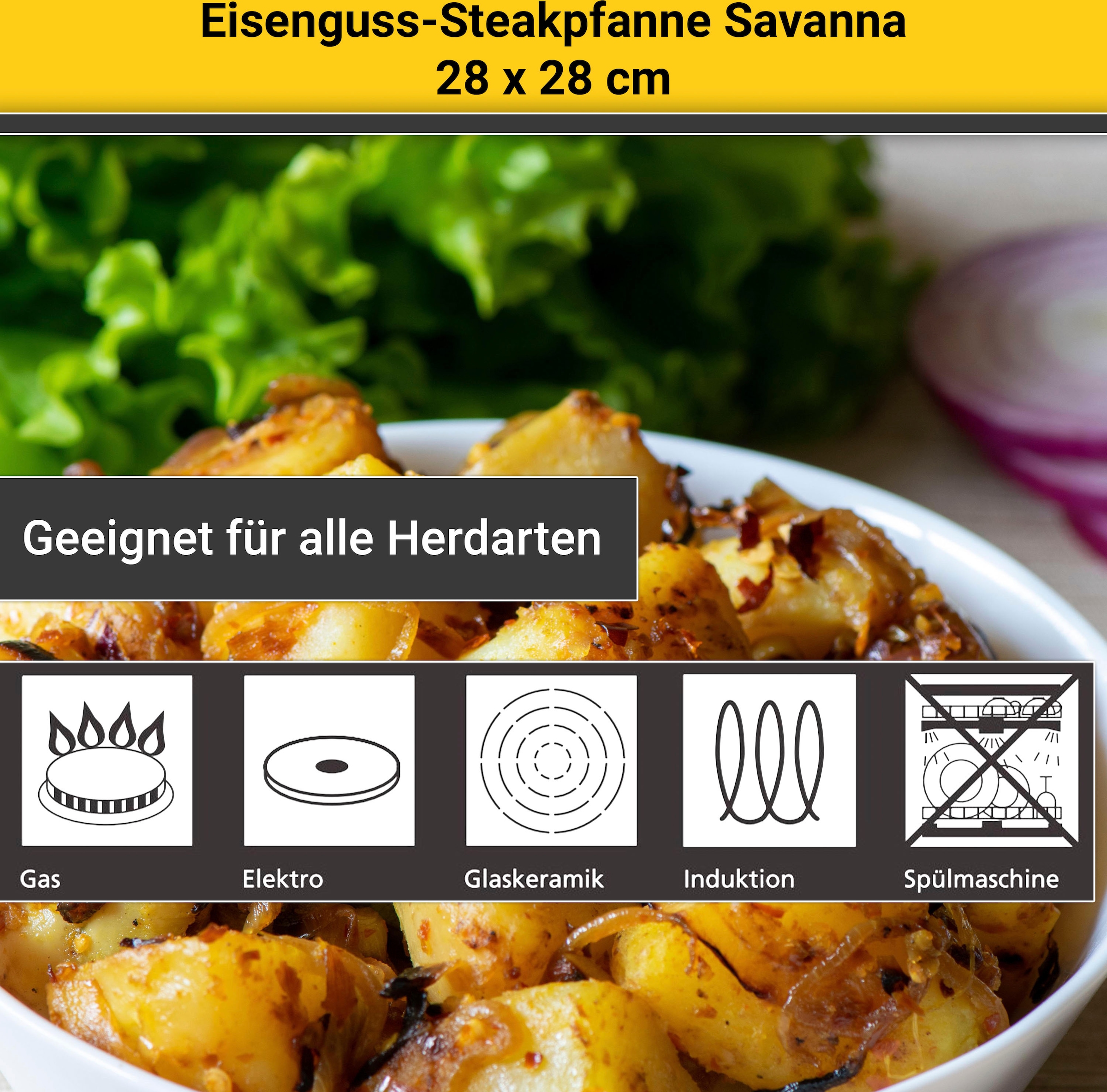Krüger Steakpfanne »Einsenguss Grill-/ Steakpfanne SAVANNA, 28 x 28cm«, Gusseisen, (1 tlg.), für Induktions-Kochfelder geeignet