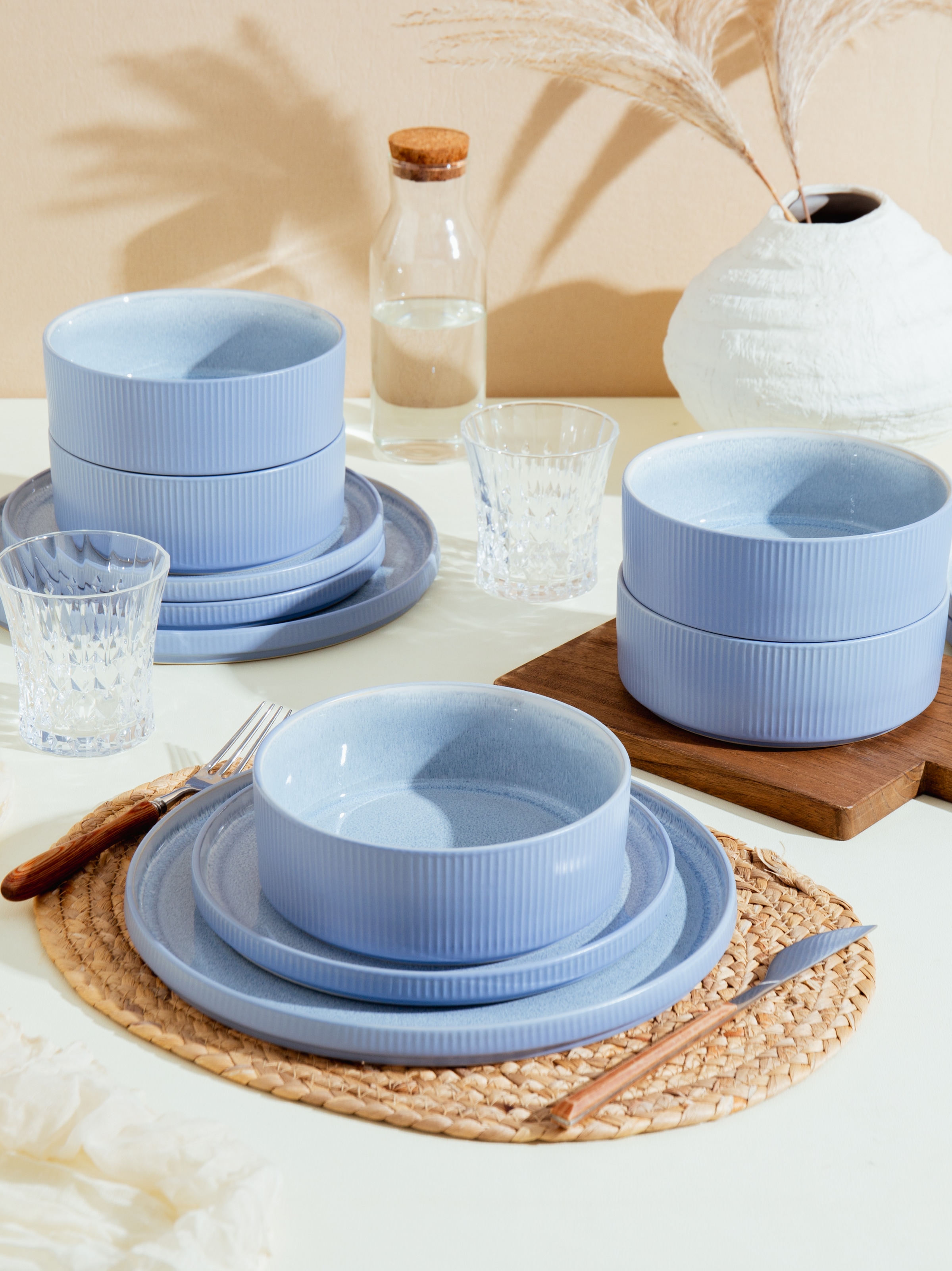 OTTO home Geschirr-Set »Ylvii, außen matt, innen reaktiv glasiert« Riffeloptik, spülmaschinenfest und mikrowellengeeignet