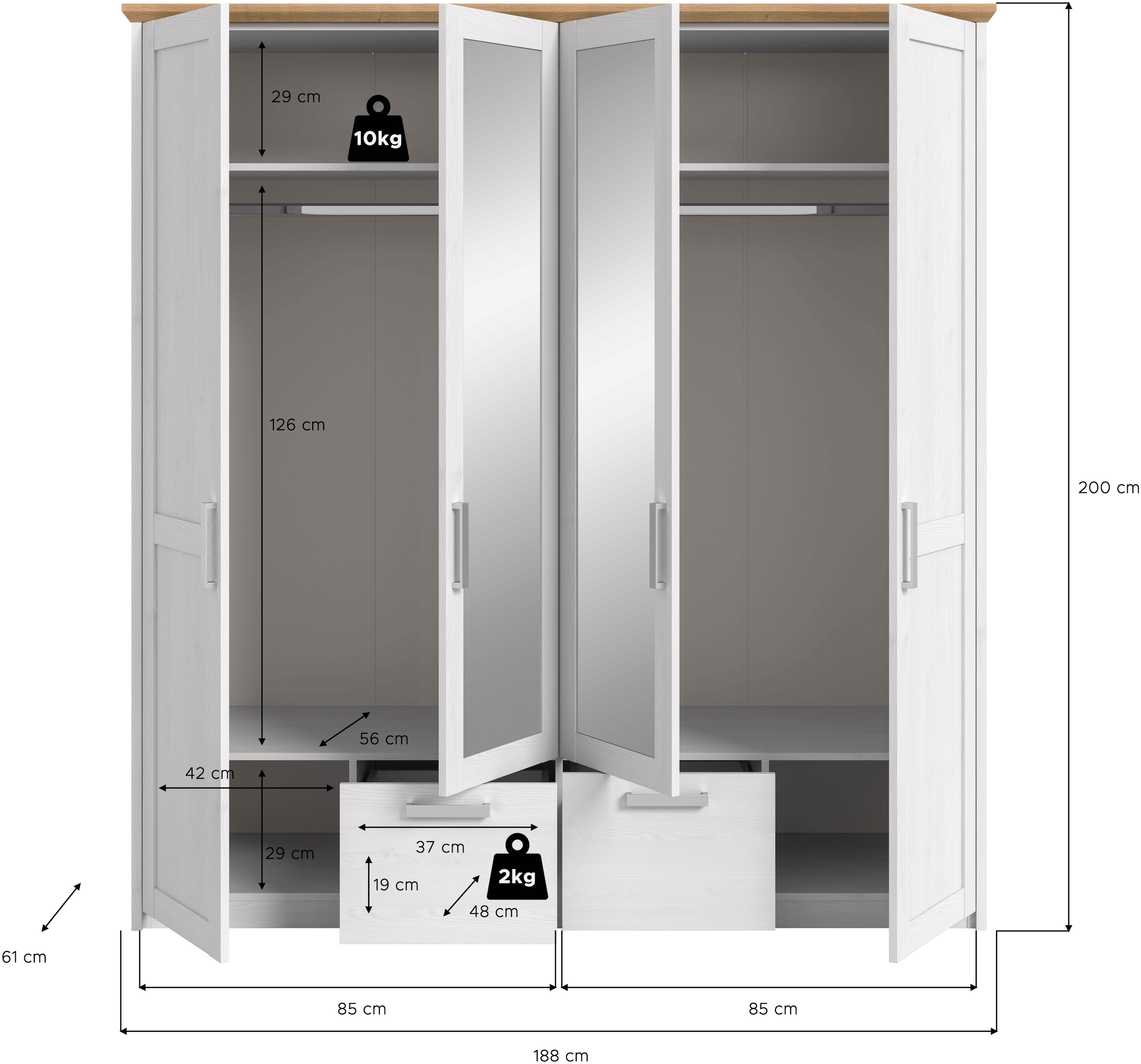 Home affaire Kleiderschrank »COSENZA,TOPSELLER!, Breite 188cm, viel Stauraum, in Landhausoptik« 2 Schubkästen mit Vollauszug, 4 Türen, 2 Kleiderstangen, viel Stauraum,  Schlafzimmerschrank, Schrank, Garderobenschrank