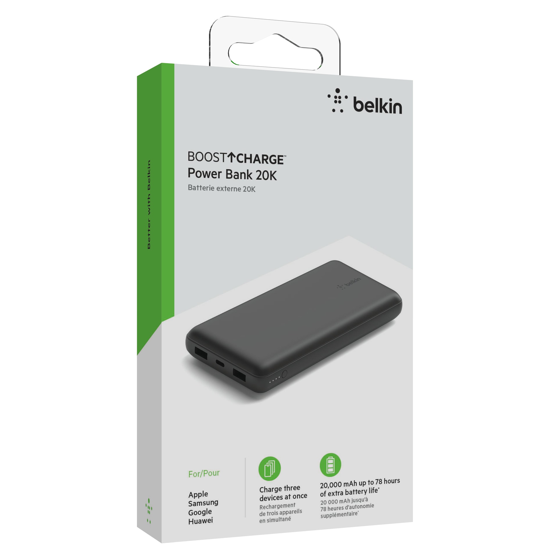 Belkin Powerbank »BoostCharge 20.000mAh Powerbank 15 Watt zum Laden von 3 Geräten«, 1x USB-C, 2x USB-A, Power für bis zu 78 Stunden