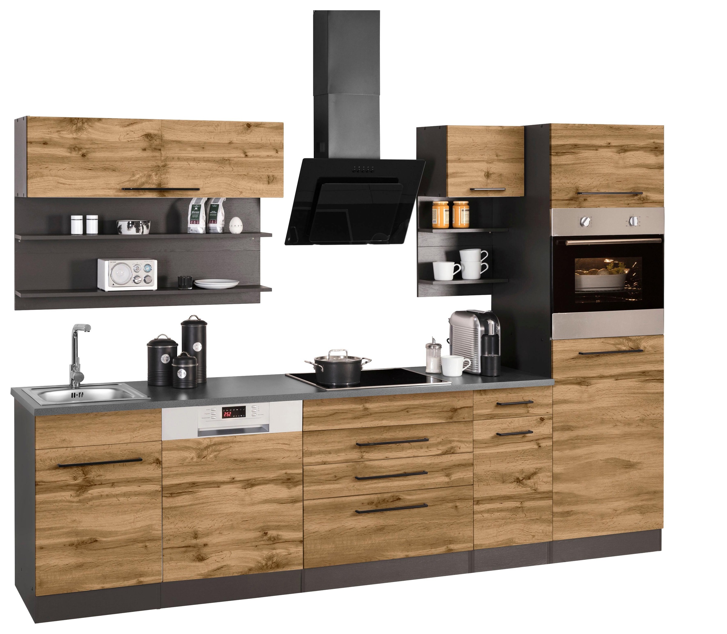 KOCHSTATION Küchenzeile »KS-Tulsa« ohne E-Geräte, Breite 290 cm, schwarze Metallgriffe, MDF Fronten