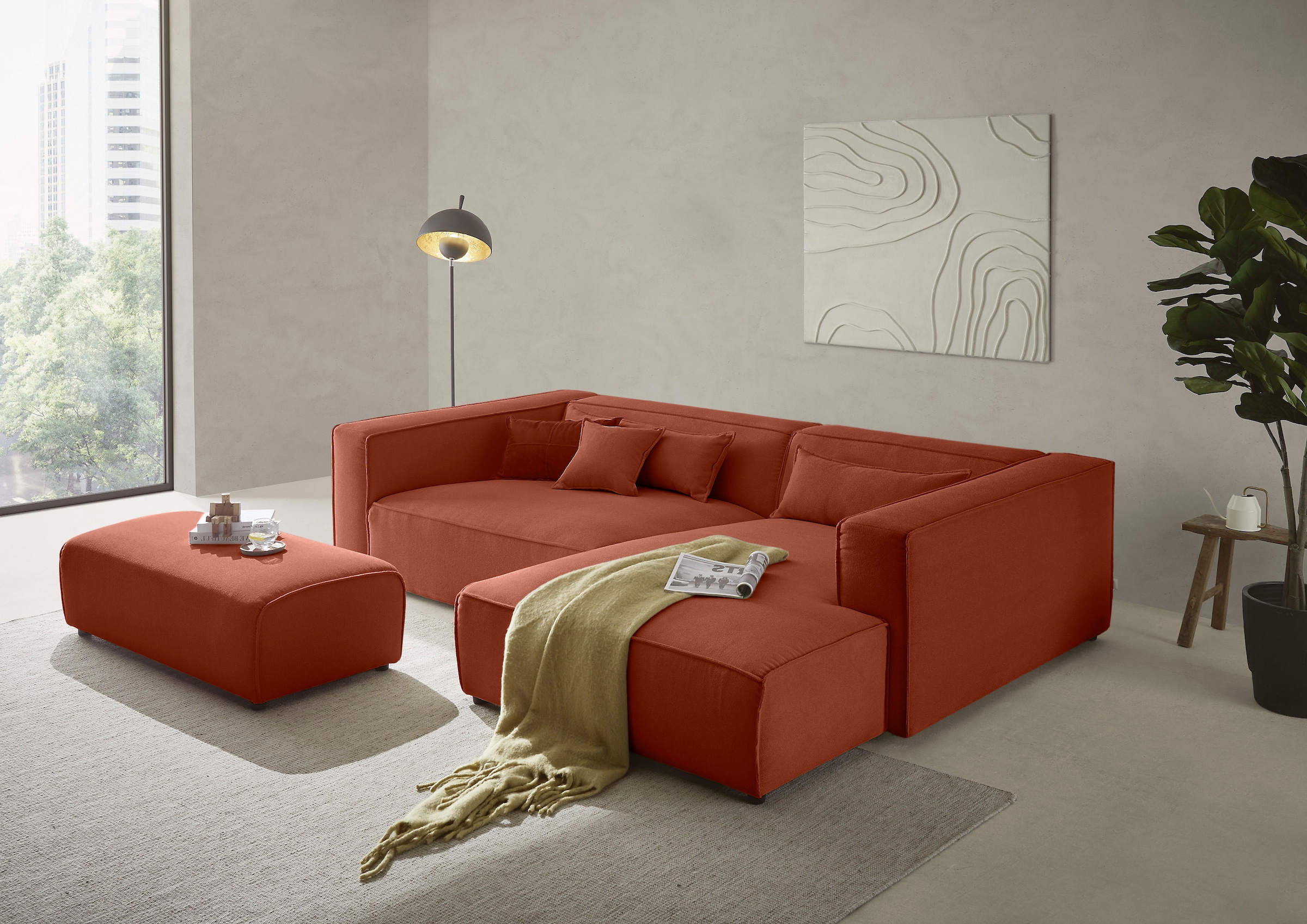 LeGer Home by Lena Gercke Ecksofa »PIARA XXL Struktur, L-Form, Schlaffunktion« Hocker stellbar zum Schlafsofa (Krokodilverbinder), tiefe Sitzfläche