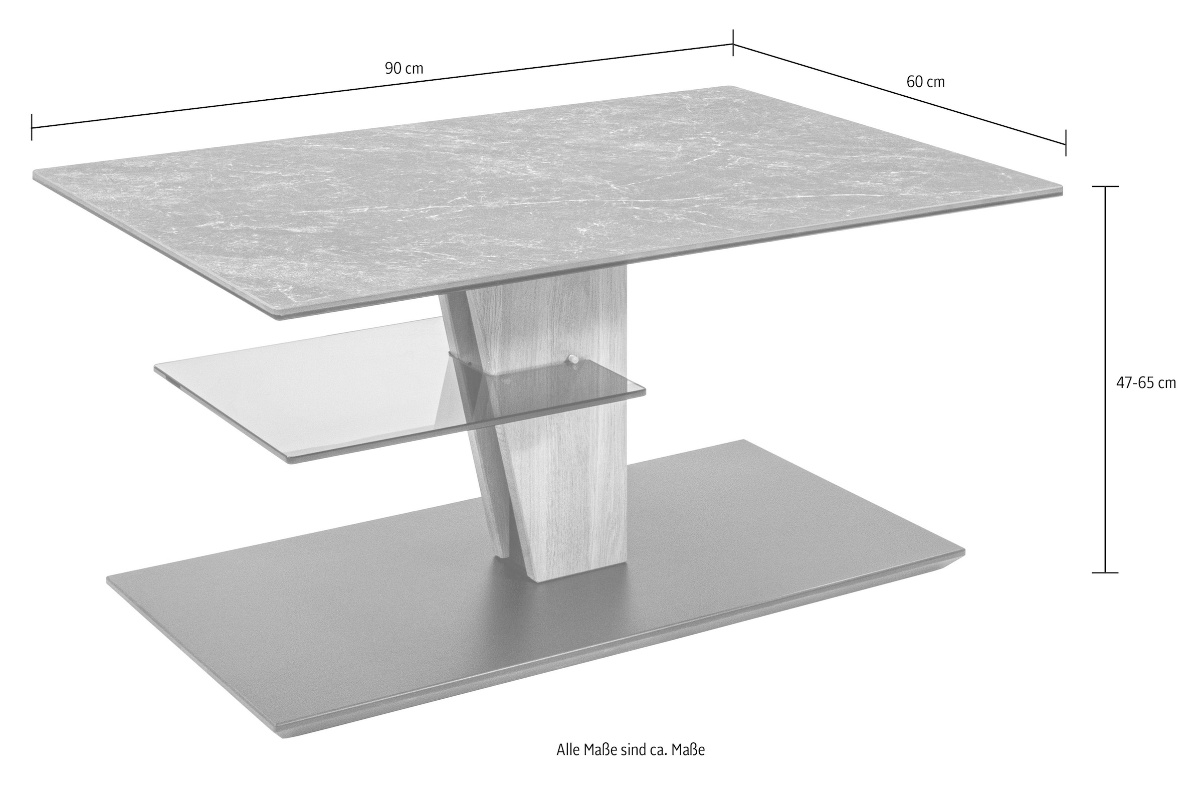 Vierhaus Couchtisch, stufenlos höhenverstellbar, rollbar, Keramik auf Glas