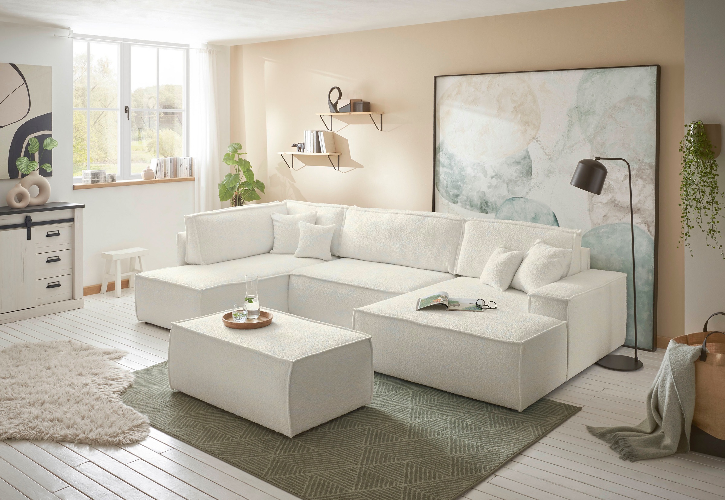 OTTO home Wohnlandschaft »FINNLEY U-Form XXL 329 cm - OTTO. Verlässliche Qualität.« Schlafsofa, Bettkasten, in Bouclé, Struktur fein und Mega Cord