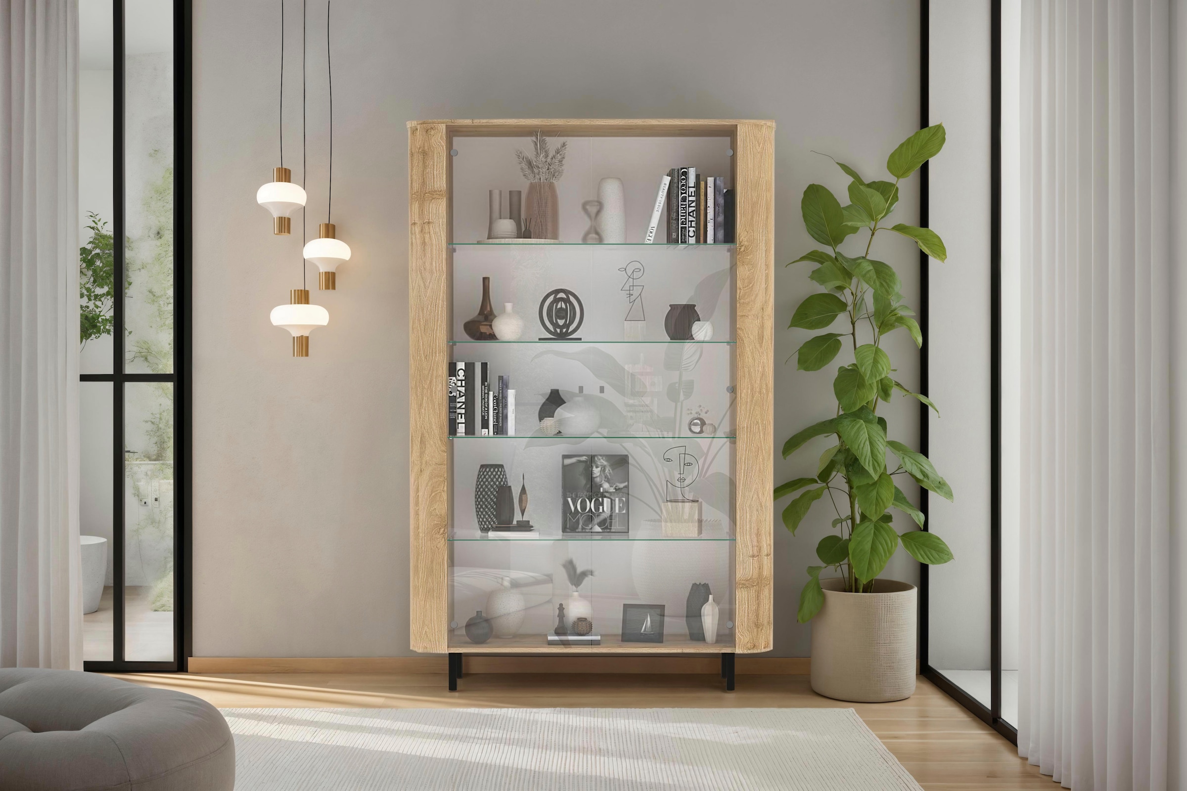 Home affaire Vitrine »Murano, Standvitrine H 200 cm, B 131 cm, 2 Türen, Vitrinenschrank« Formgebogenes MDF, Stirnseiten mit Rundung, Metallfüße, stilvoll