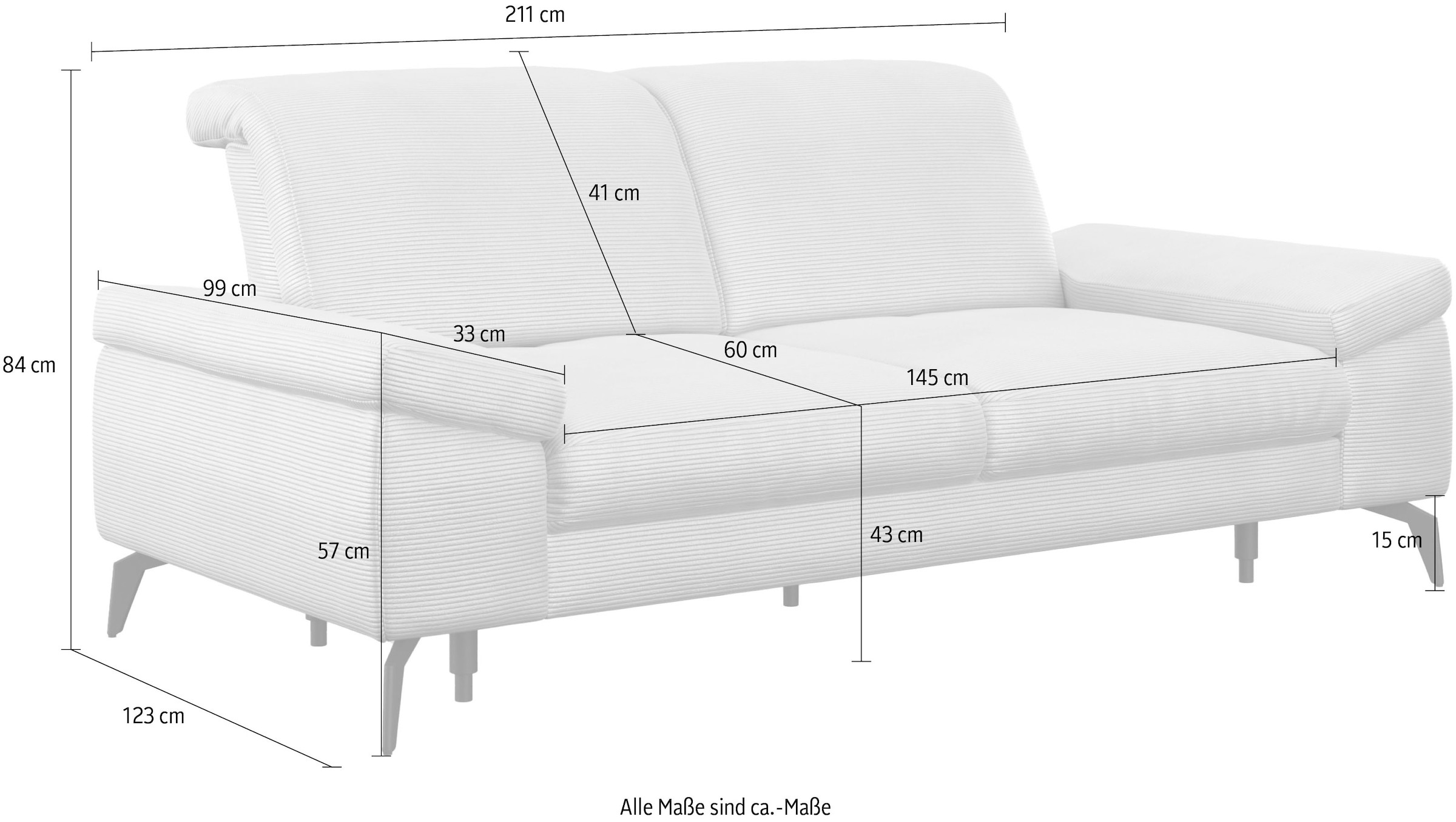 sit&more 2,5-Sitzer »Cabana«, Breite 211 cm, mit oder ohne Sitztiefen-, und Kopfteilfunktion
