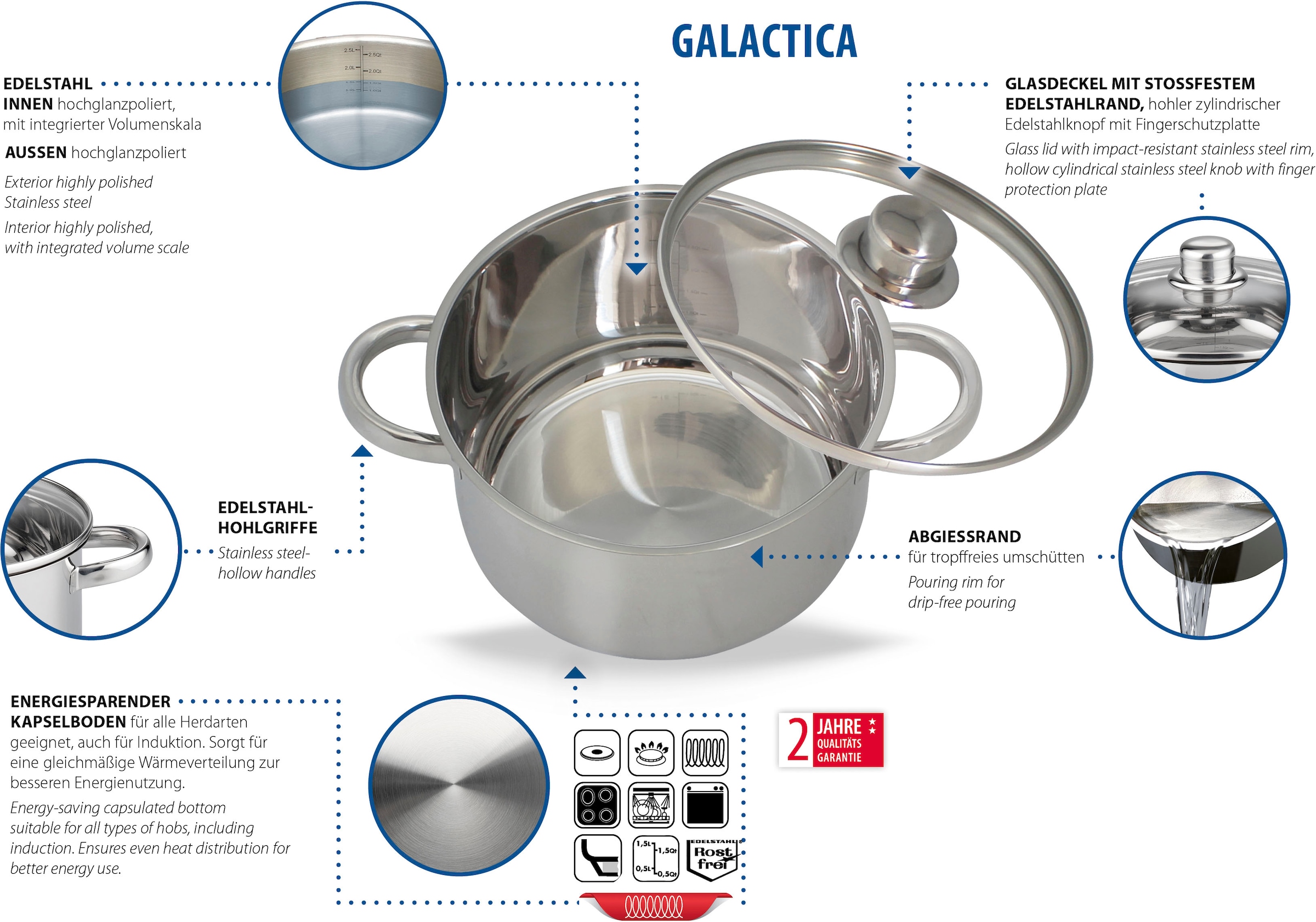 Elo Basic Topf-Set »Galactica«, Edelstahl 201, (Set, 9 tlg., je 1 x Kochtopf mit Deckel Ø 14/16/20/24 cm, 1 Stielkasserolle Ø 16 cm), Induktion