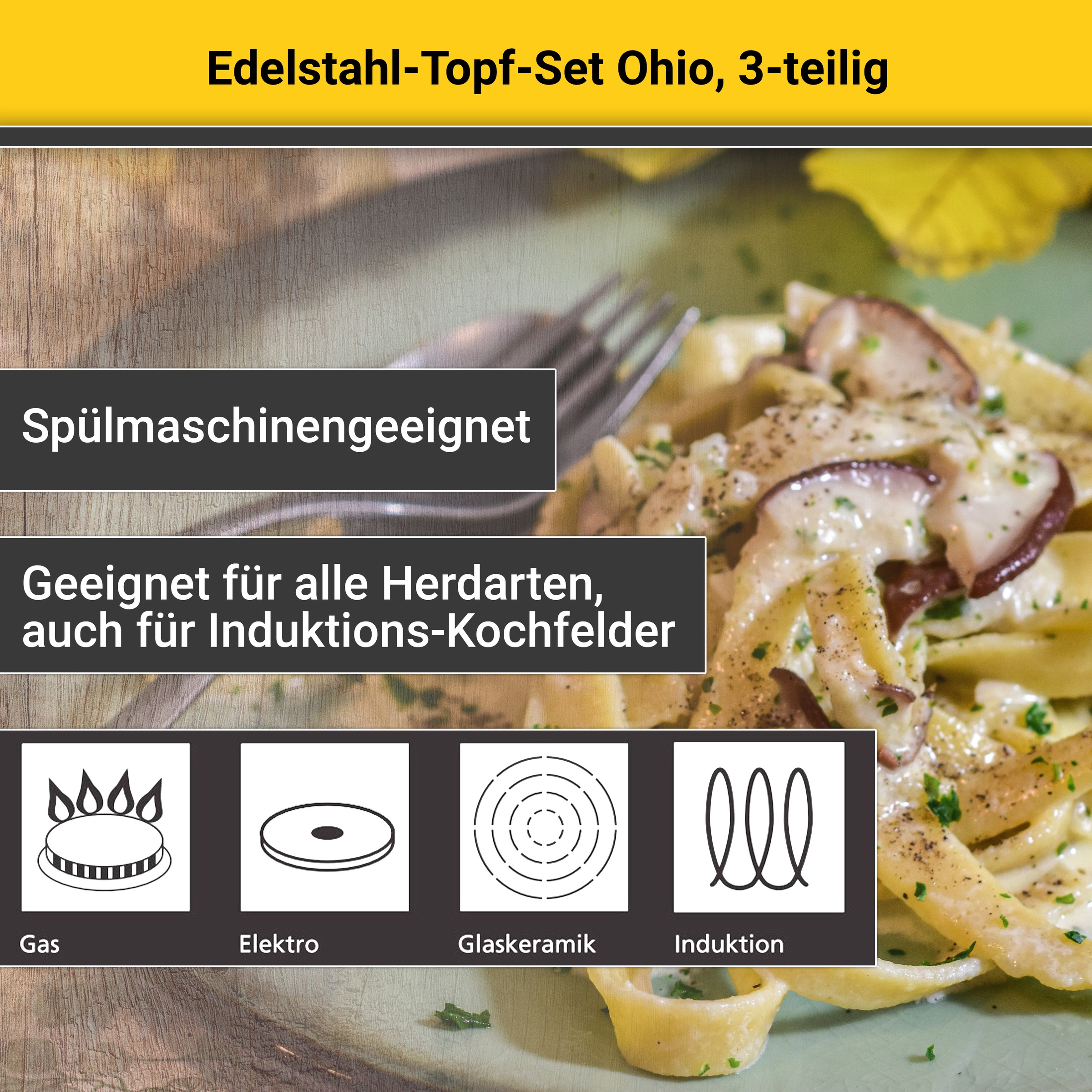 Krüger Topf-Set »Ohio«, Edelstahl, (Set, 5 tlg., 1x Bratentopf Ø 20 cm, 1x Fleischtopf Ø 16 cm, 1x Stieltopf Ø 16 cm), für Induktions-Kochfelder geeignet
