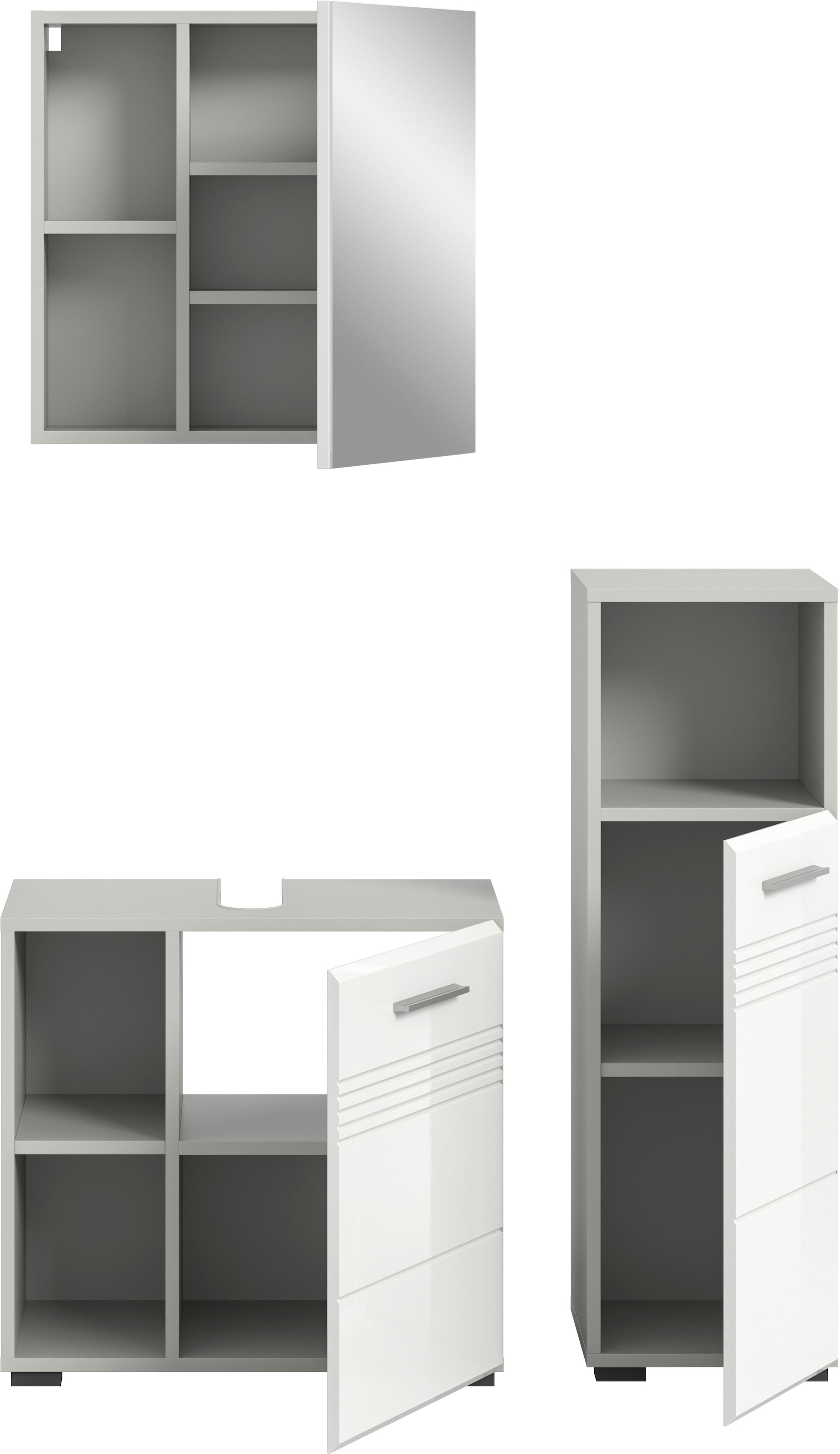 welltime Badmöbel-Set »Calicio, bestehend aus: Waschbeckenunterschrank, Spiegelschrank«, (3 St.), Unterschrank, hochwertige MDF Front mit Rillenfräsung