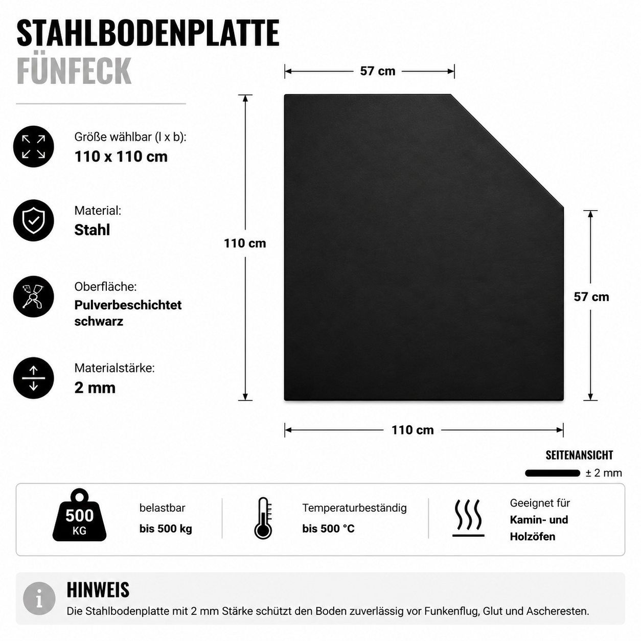 Hanseatic Bodenschutzplatte »für Kaminöfen Fünfeck 110 Stahl« 1 Stk. tlg. Stahl-Fünfeck, 110 x 110 cm, 2mm Stärke, schwarz, zum Funkenschutz