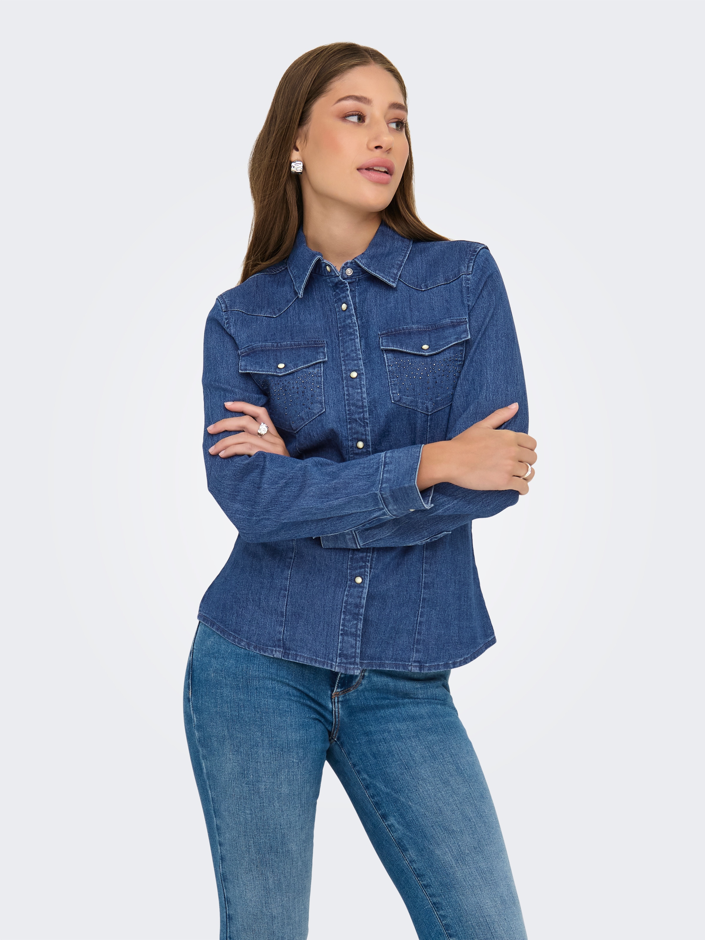 ONLY Jeansbluse »ONLSASIA L/S RHINESTONE DNM SHIRT AKM«