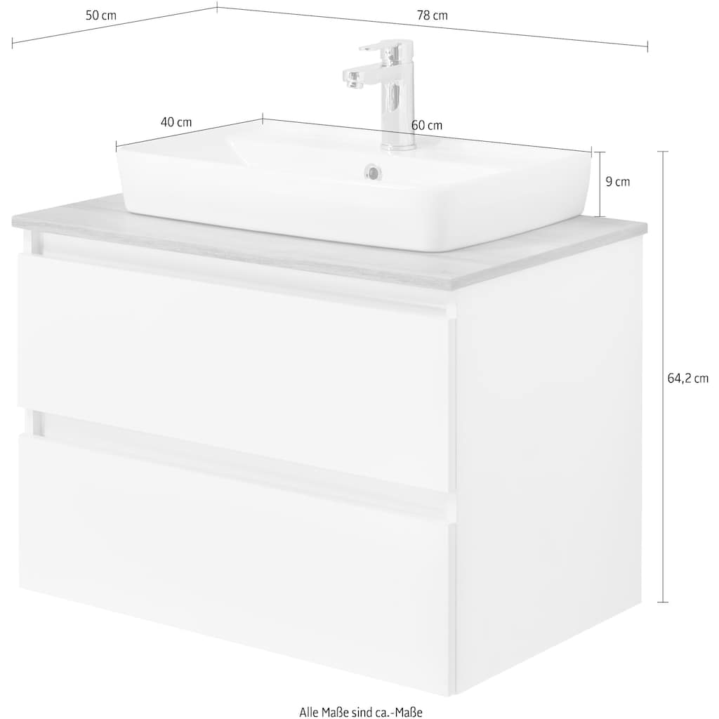Saphir Waschtisch »Quickset 360 Waschplatz mit Keramik-Aufsatzbecken, wandhängend«, Waschtischplatte, 78 cm breit, Weiß Glanz, 2 Schubladen